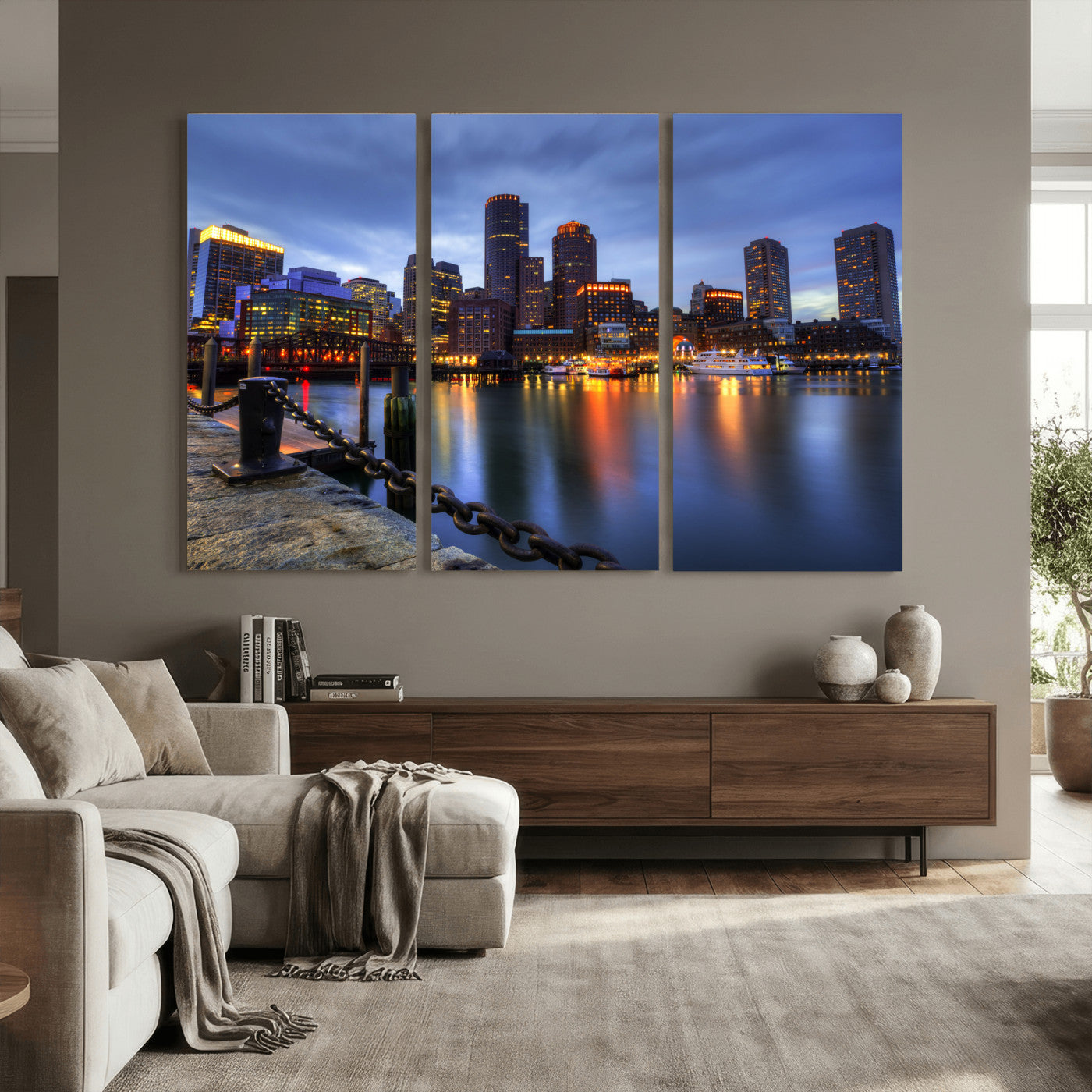 82439622-MGV-CV-36X24 - Boston Wall Art Canvas Print, Boston City Downtown Night Cityscape Print for Modern Urban Wall Decor