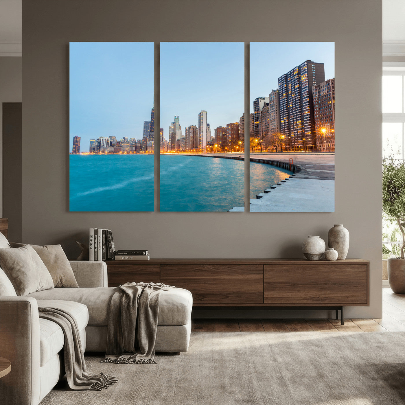 66780141-MGV-CV-36X24 - Chicago Wall Art Canvas Print, Chicago City Downtown Night Cityscape Print for Modern Urban Wall Decor