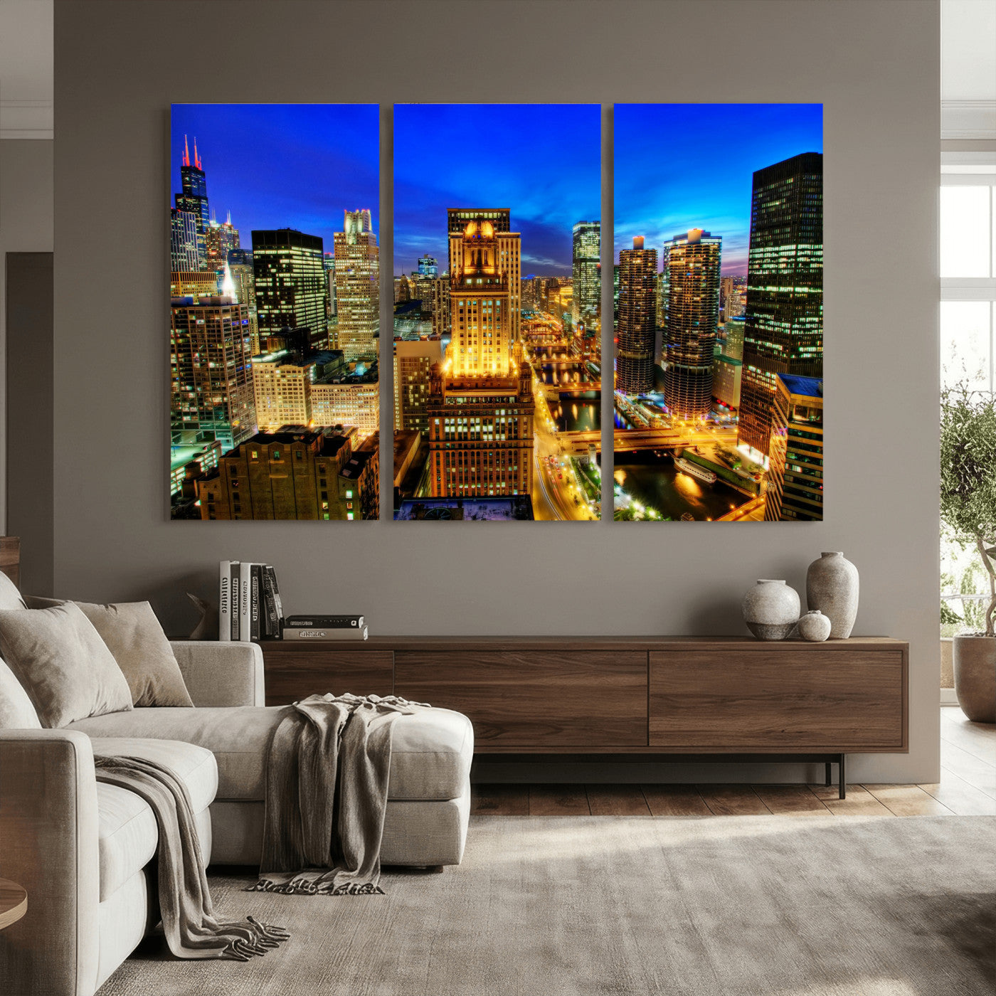 46298885-MGV-CV-36X24 - Chicago Wall Art Canvas Print, Chicago City Downtown Night Cityscape Print for Modern Urban Wall Decor