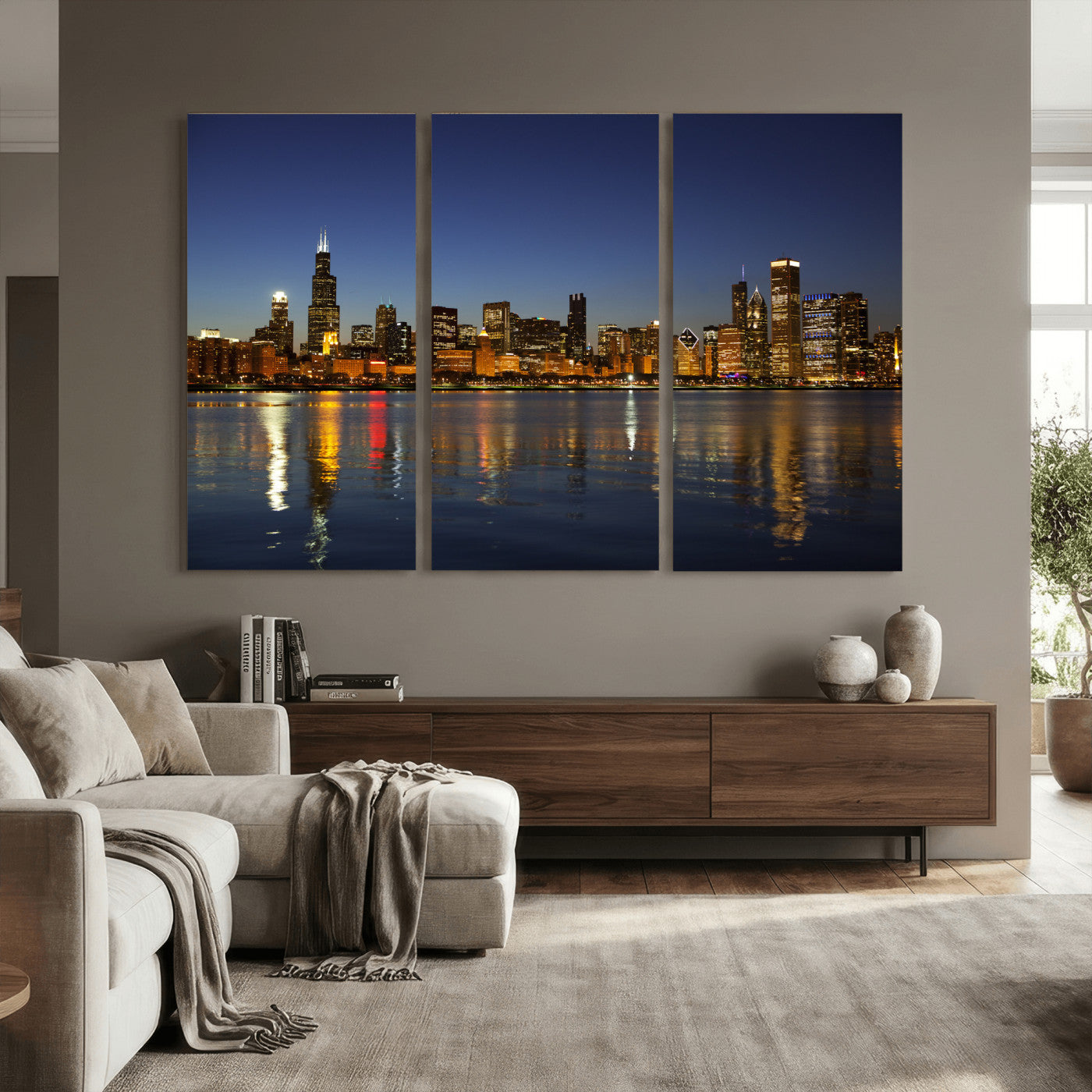 67308035-MGV-CV-36X24 - Chicago Wall Art Canvas Print, Chicago City Downtown Night Cityscape Print for Modern Urban Wall Decor
