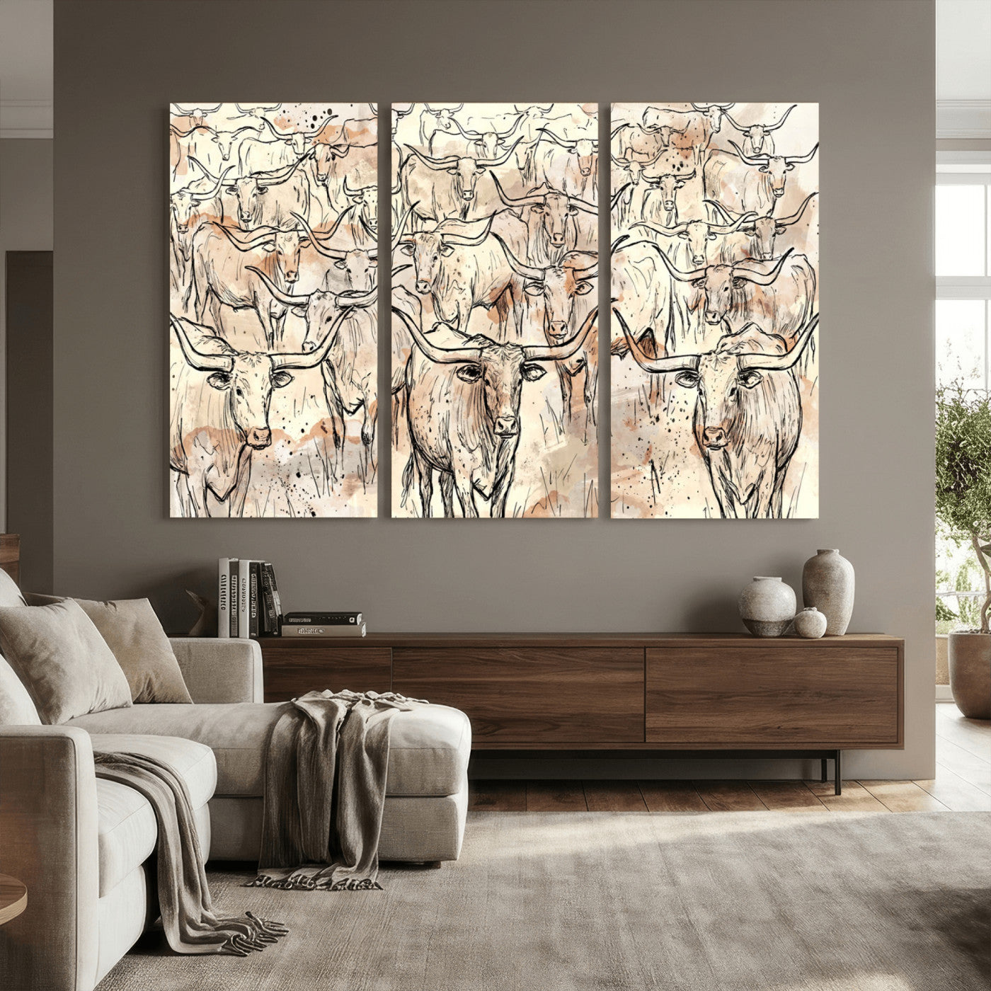 94055403-MGV-CV-36X24 - Farmhouse Animals Wall Art Canvas Print - Abstract Farm Animal Drawing Mid-Century Wall Art for Cabin Decor