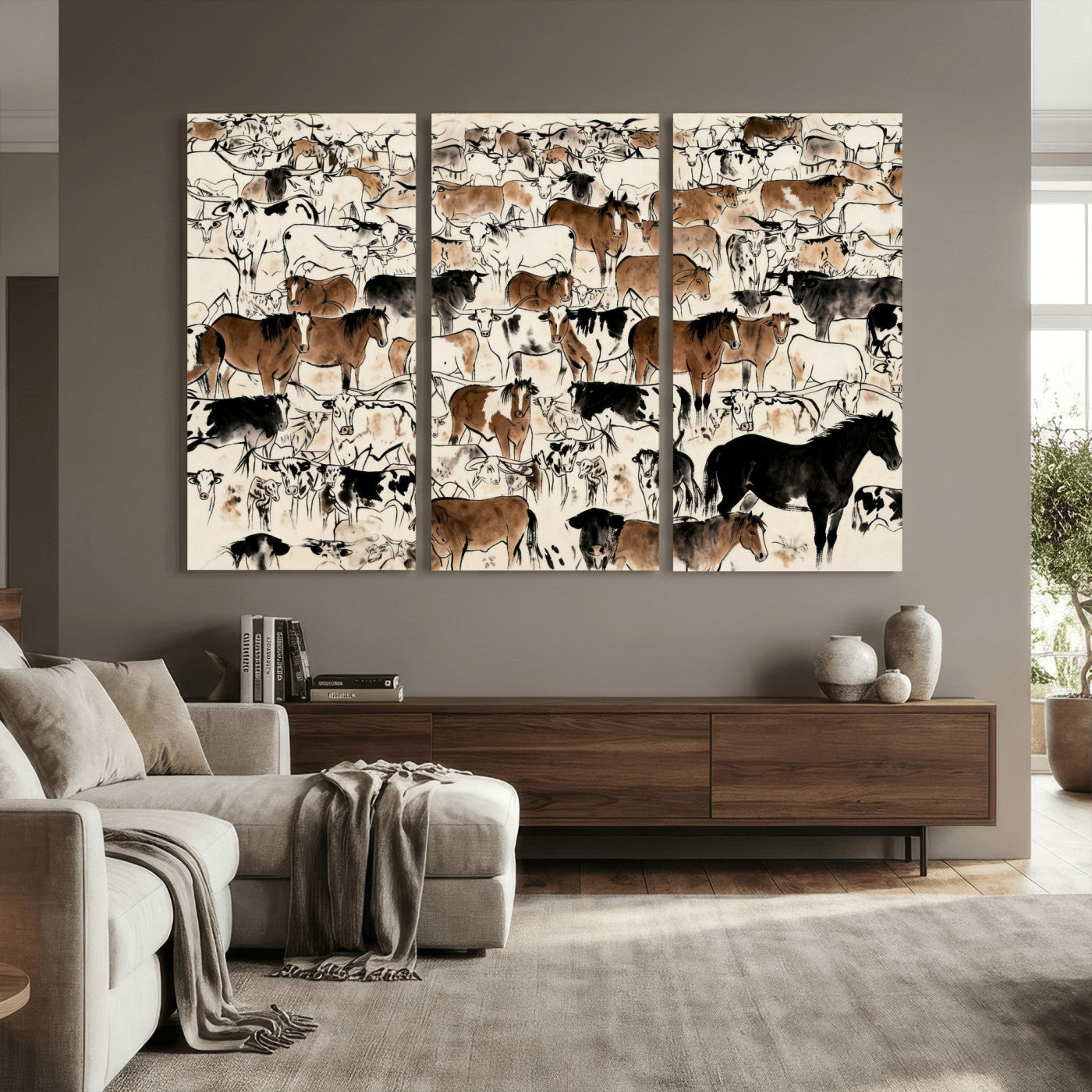 86150485-MGV-CV-36X24 - Farmhouse Animals Wall Art Canvas Print - Abstract Farm Animal Drawing Mid-Century Wall Art for Cabin Decor