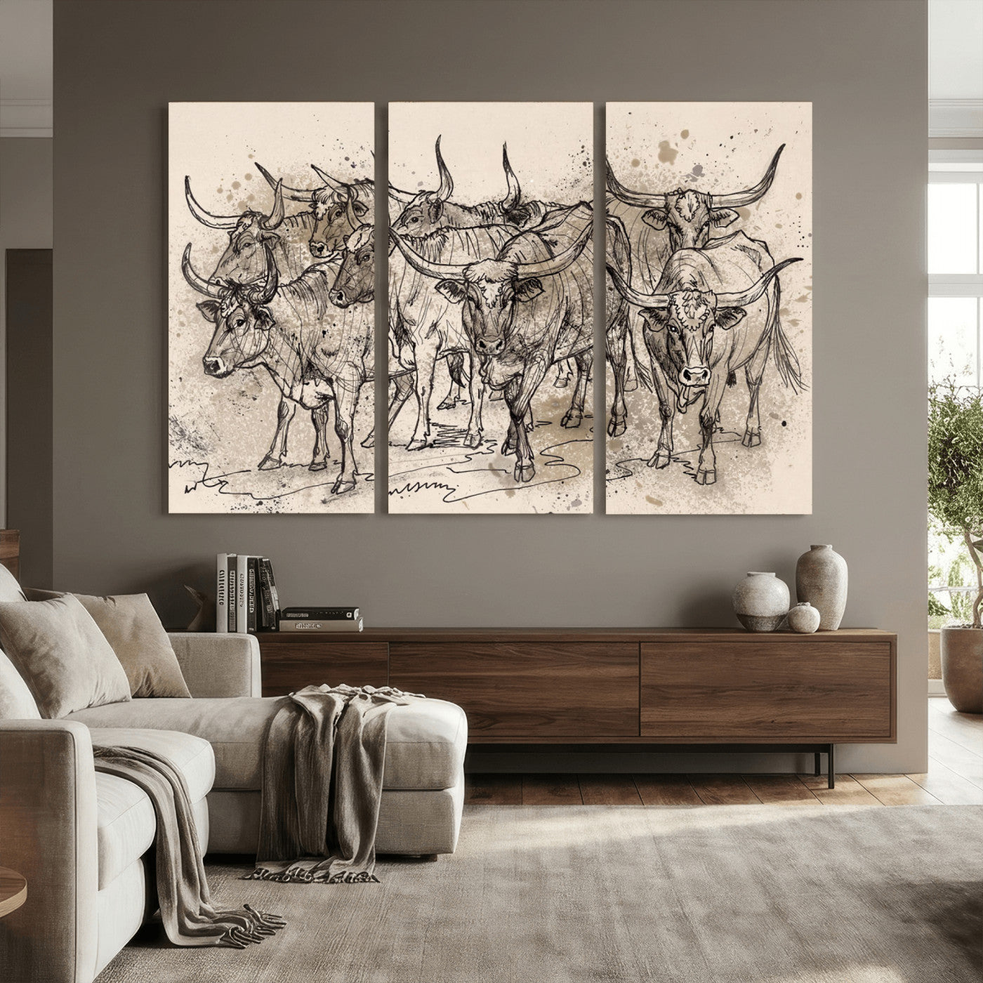 74232558-MGV-CV-36X24 - Farmhouse Animals Wall Art Canvas Print - Abstract Farm Animal Drawing Mid-Century Wall Art for Cabin Decor