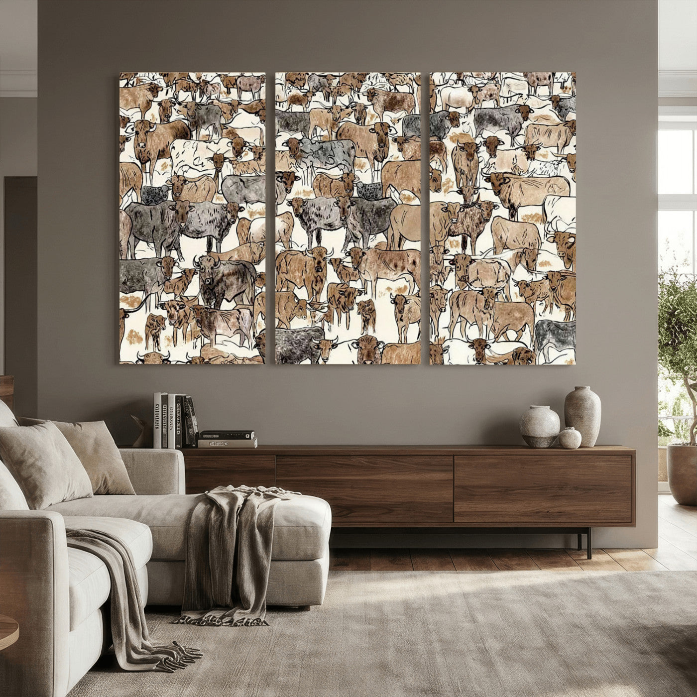 76902119-MGV-CV-36X24 - Farmhouse Animals Wall Art Canvas Print - Abstract Farm Animal Drawing Mid-Century Wall Art for Cabin Decor