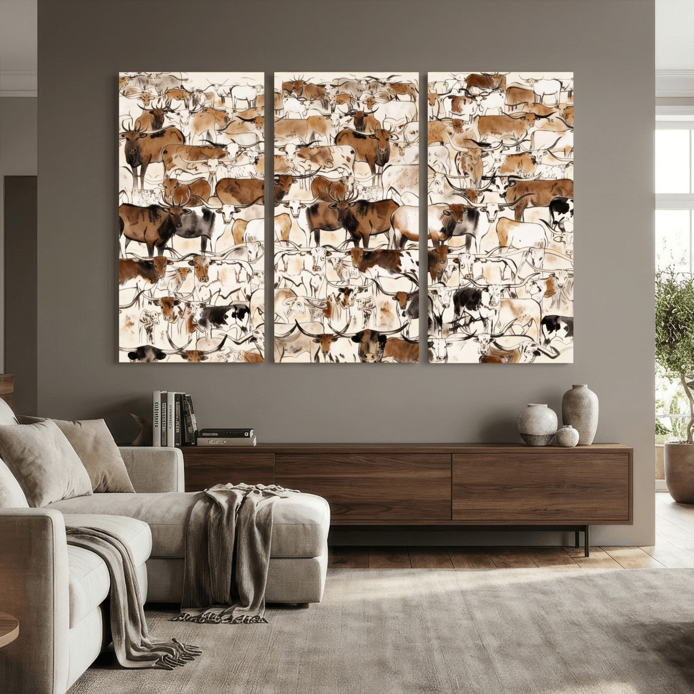 81416572-MGV-CV-36X24 - Farmhouse Animals Wall Art Canvas Print - Abstract Farm Animal Drawing Mid-Century Wall Art for Cabin Decor