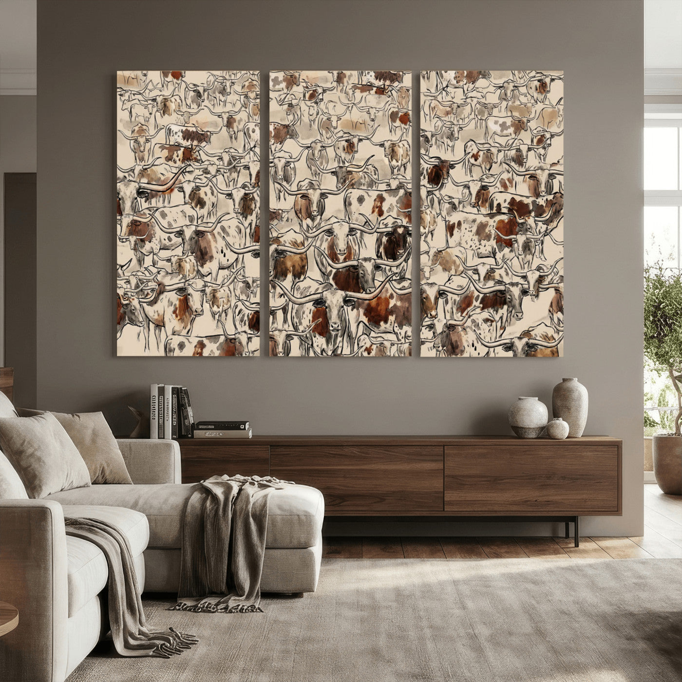 94808502-MGV-CV-36X24 - Farmhouse Animals Wall Art Canvas Print - Abstract Farm Animal Drawing Mid-Century Wall Art for Cabin Decor