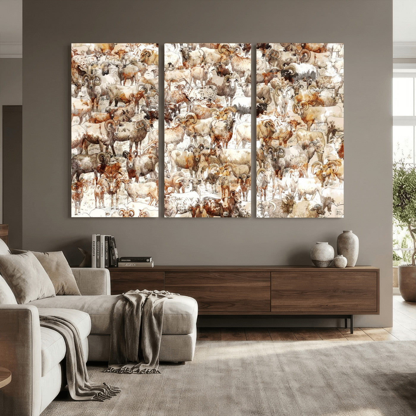 95103864-MGV-CV-36X24 - Farmhouse Animals Wall Art Canvas Print - Abstract Farm Animal Drawing Mid-Century Wall Art for Cabin Decor