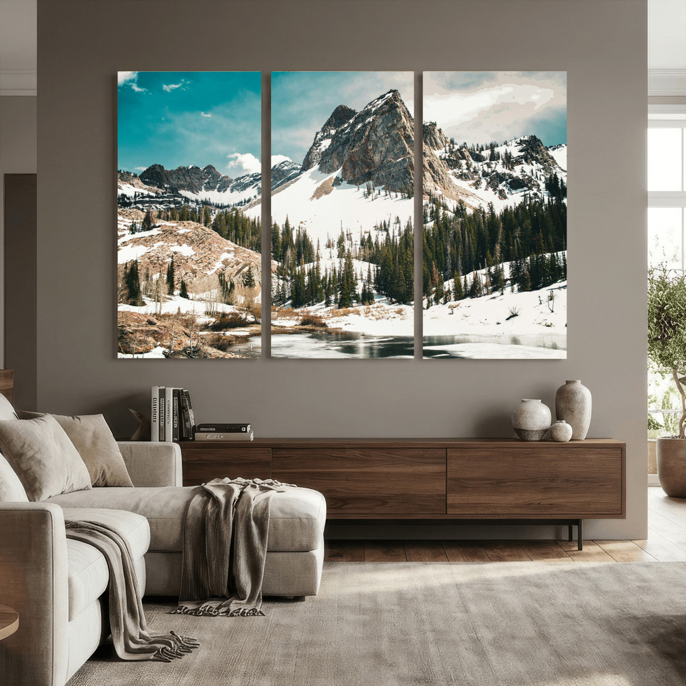 56837070-MGV-CV-36X24 - Snowy Mountain Landscape Wall Art Canvas Print, Alpine Pine Forest Winter Nature Wall Decor for Living Room and Office