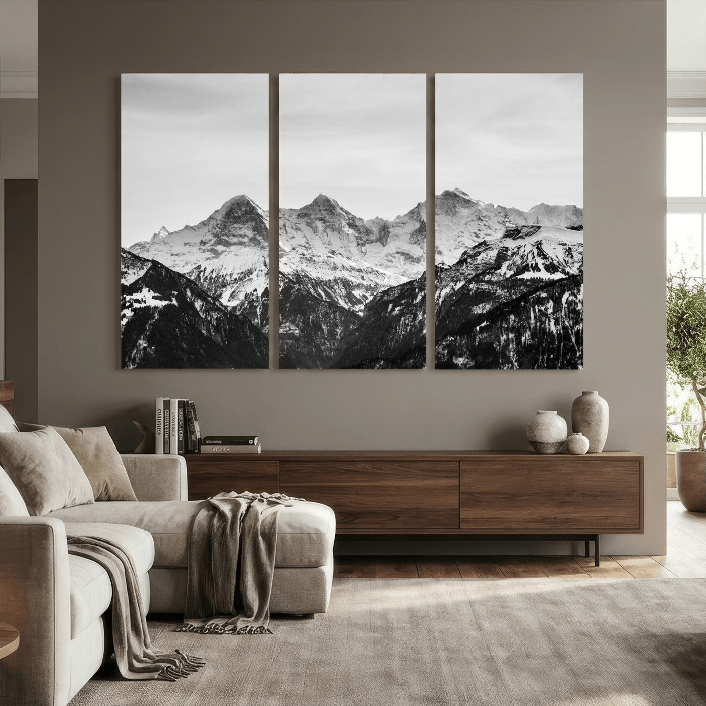85684934-MGV-CV-36X24 - Black and White Mountain Wall Art Canvas Print, Snowy Alpine Peaks Landscape Photography, Minimal Monochrome Mountain Art, Scenic Nature Wall Decor