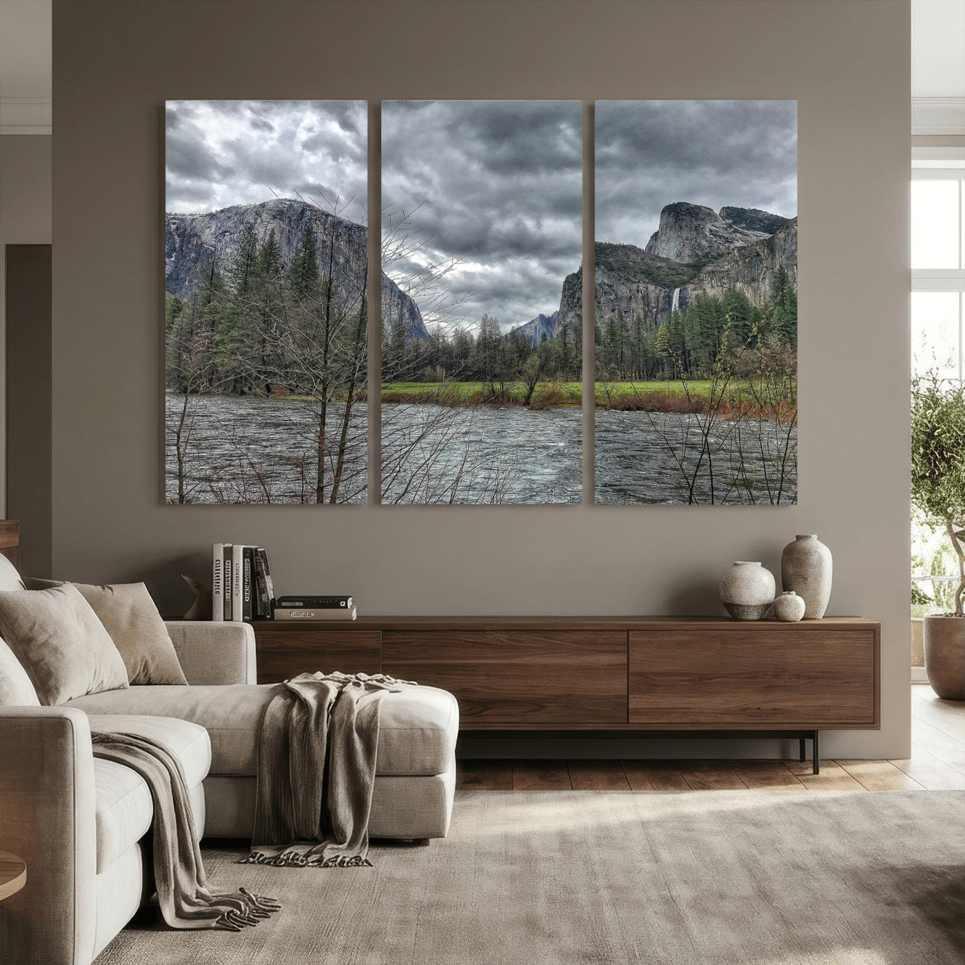 75582552-MGV-CV-36X24 - Yosemite Valley River Landscape Wall Art Canvas Print, Granite Cliffs Forest River Canvas Print, California National Park Moody Scenic Art Printi