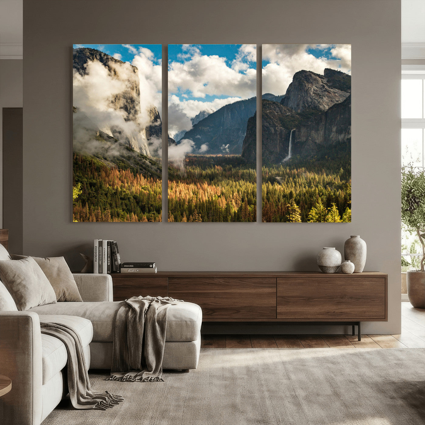 18271001-MGV-CV-36X24 - Yosemite Valley River Landscape Wall Art Canvas Print, Granite Cliffs Forest River Canvas Print, California National Park Moody Scenic Art Printi