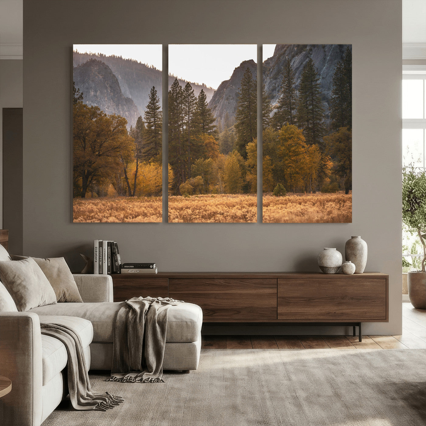 61682763-MGV-CV-36X24 - Yosemite Valley Autumn Forest Landscape Wall Art Canvas Print, Granite Mountain Pine Trees Canvas Print, California National Park Fall Scenic Art Printing