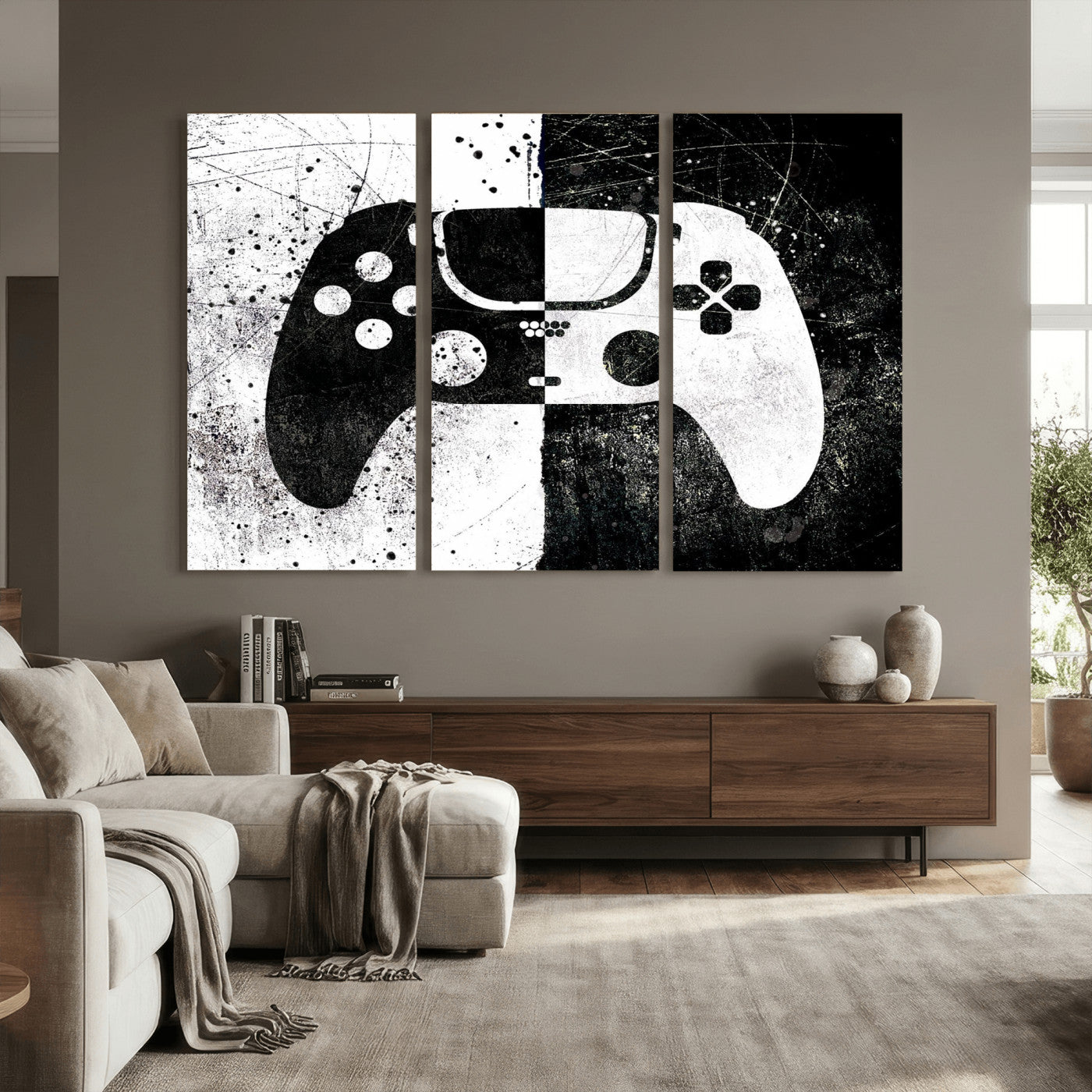 17525128-MGV-CV-36X24 - Abstract Gaming Controller Wall Art Canvas Print, Black White Video Game Controller Modern Canvas Print, Minimal Gamer Graphic Art Printing