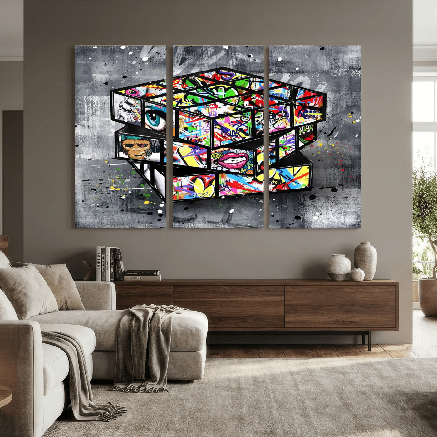 46789556-MGV-CV-36X24 - Graffiti Cube Abstract Street Art Wall Art Canvas Print, Colorful Urban Pop Art Geometric Canvas Print, Modern Street Art Contemporary Art Printing