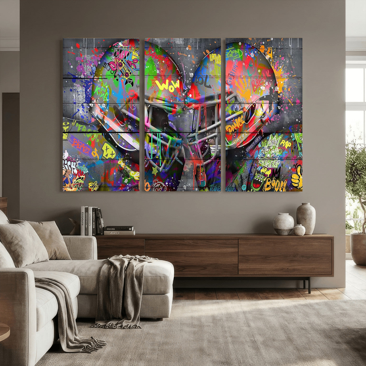15309853-MGV-CV-36X24 - Graffiti Football Helmets Wall Art Canvas Print, Urban Street Art Sports Decor, Colorful American Football Graffiti Artwork