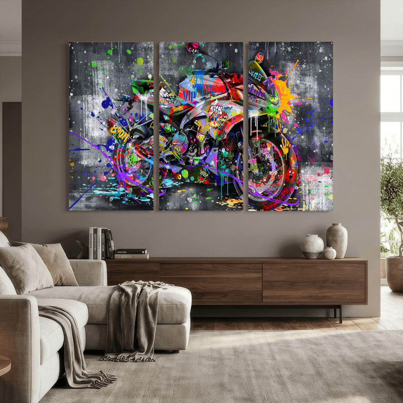 83021767-MGV-CV-36X24 - Graffiti Motorcycle Wall Art Canvas Print, Urban Street Art Motorbike Decor, Colorful Graffiti Sports Bike Artwork