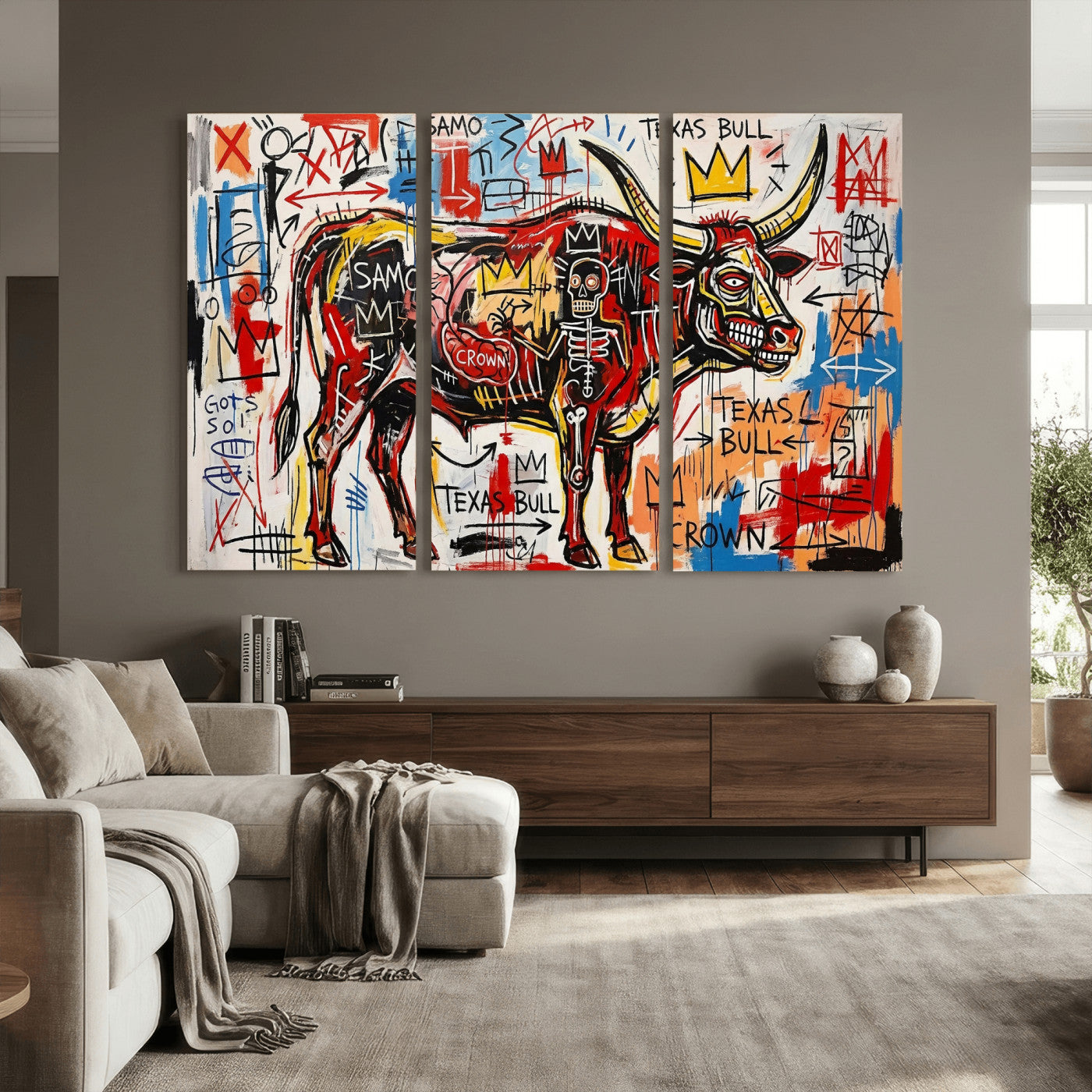 89504579-MGV-CV-36X24 - TITLE: Texas Bull Wall Art Canvas Print, Abstract Graffiti Bull Painting, Western Animal Art, Modern Ranch Decor