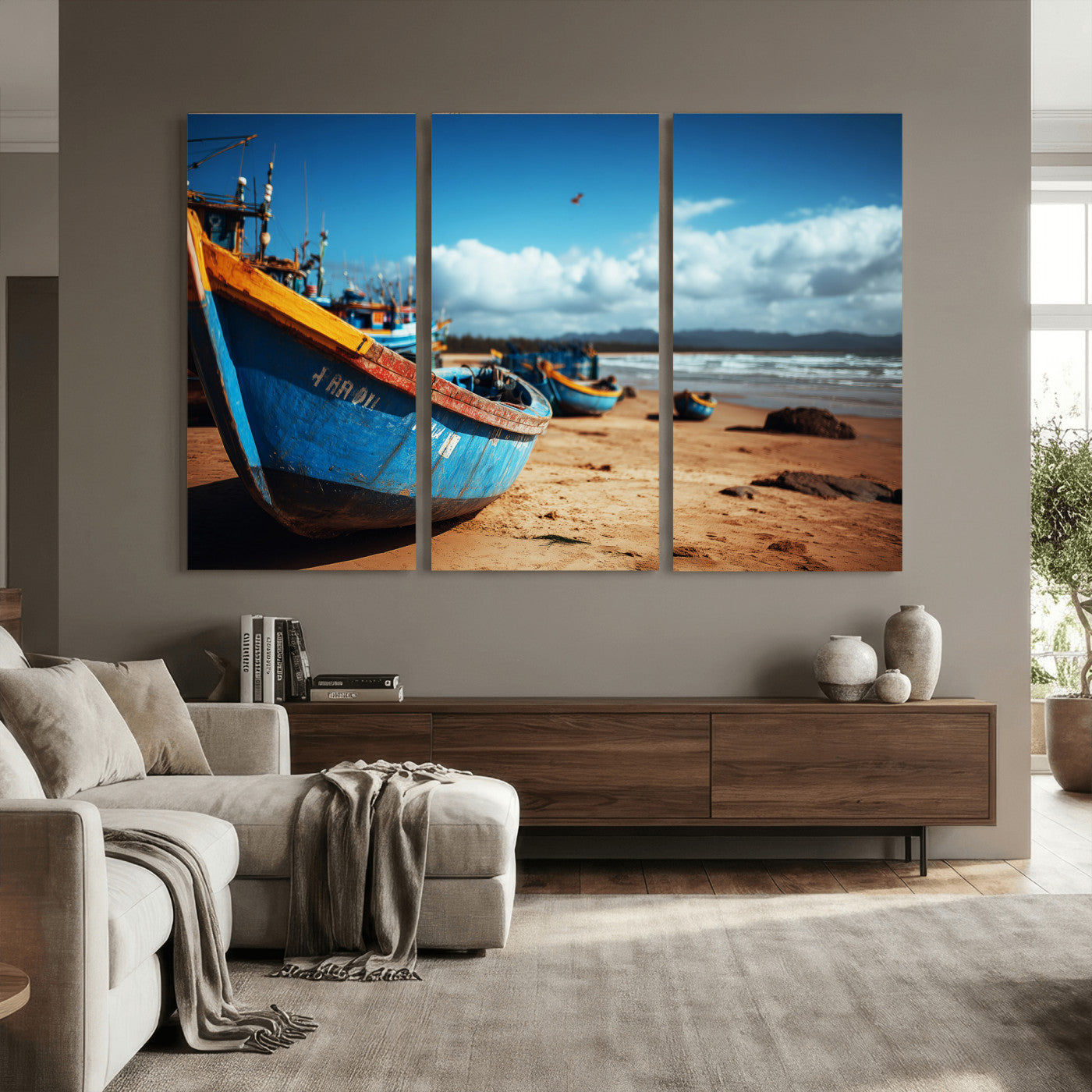 70925201-MGV-CV-36X24 - Fishing Boats Wall Art Canvas Print, Coastal Boat Beach Scene, Nautical Seaside Artwork, Ocean Shore Decor, Coastal Home Wall Art