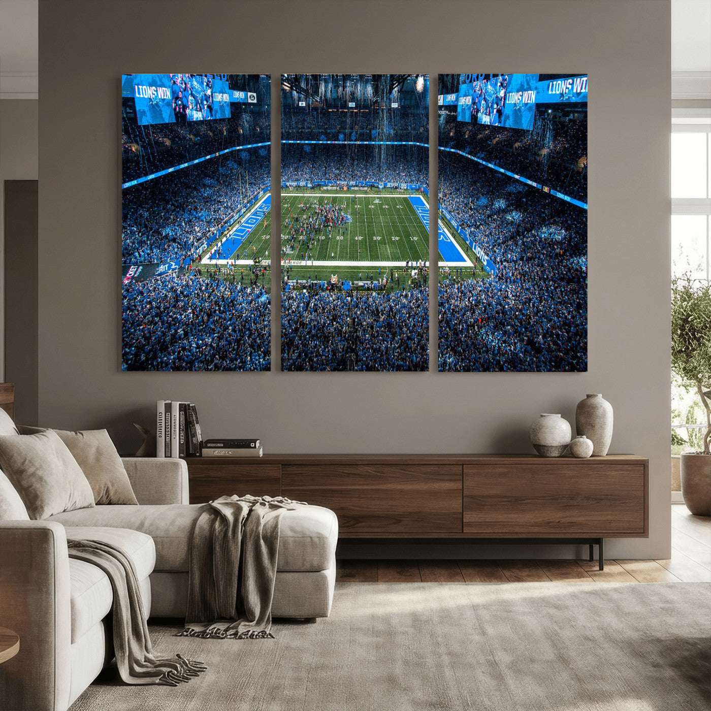80882005-MGV-CV-36X24 - Detroit Lions Stadium Wall Art Canvas Print, Football Field Panorama Artwork, NFL Game Night Stadium Decor
