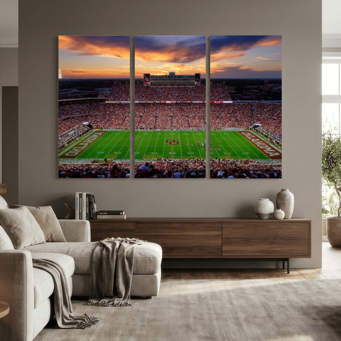 51457497-MGV-CV-36X24 - Oklahoma Sooners Stadium Wall Art Canvas Print, College Football Sunset Game Scene, OU Football Field Panorama Wall Decor