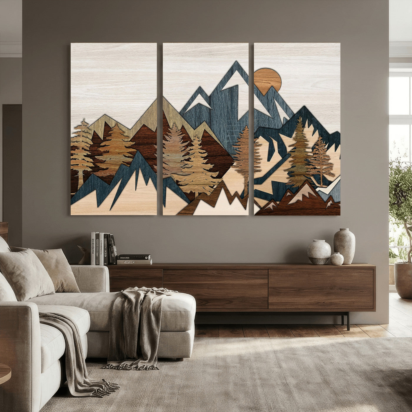 61833055-MGV-CV-36X24 - Mountain Forest Wall Art Canvas Print, Layered Wood Landscape Artwork, Rustic Nature Wall Decor for Living Room