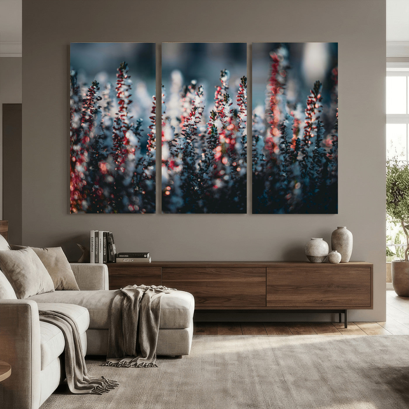 82063935-MGV-CV-36X24 - Winter Heather Wall Art Canvas Print, Frosted Floral Nature Art, Moody Botanical Wall Decor