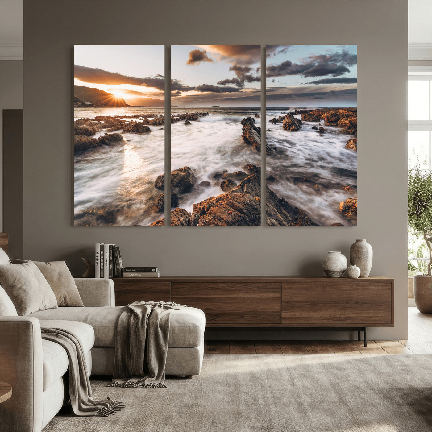 66746024-MGV-CV-36X24 - Rocky Coast Ocean Sunset Wall Art Canvas Print, Dramatic Seascape Nature Wall Decor for Living Room and Office