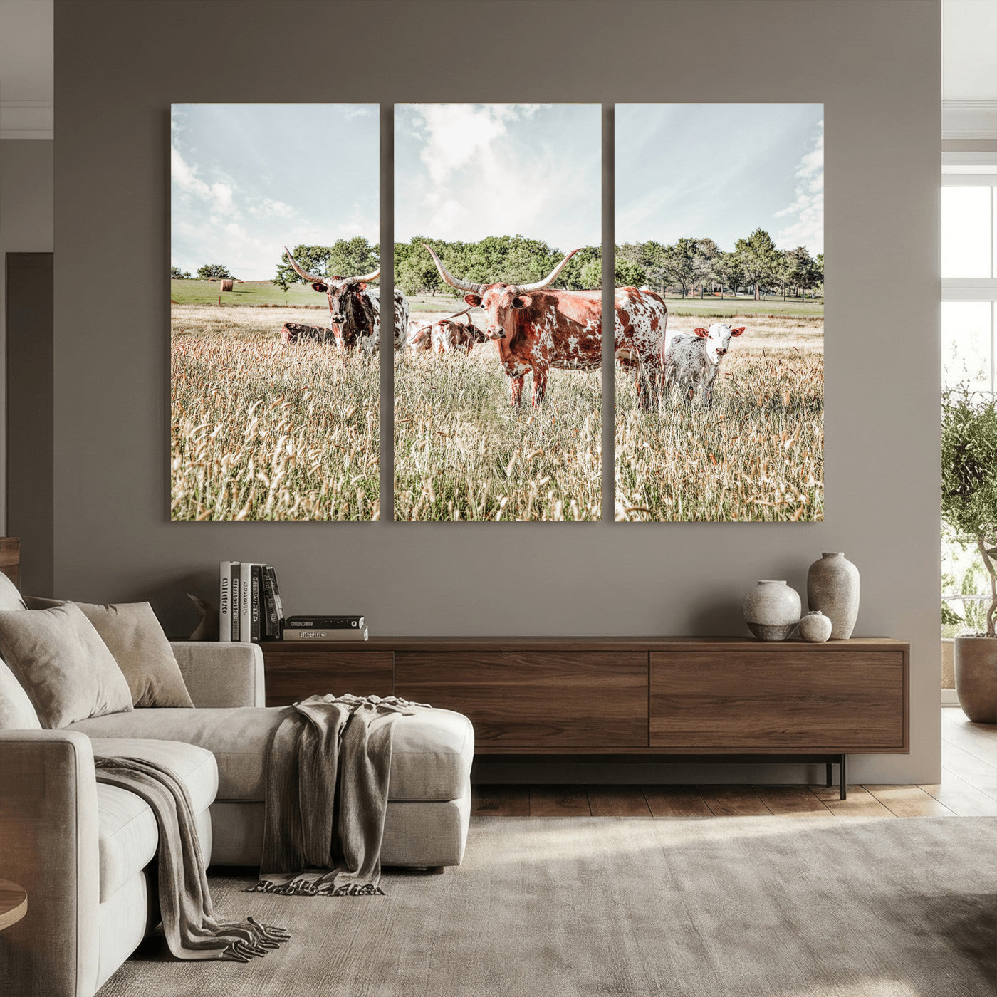 33963645-MGV-CV-36X24 - Texas Longhorn Cattle Wall Art Canvas Print, Western Ranch Landscape Nature Wall Decor for Living Room and Office
