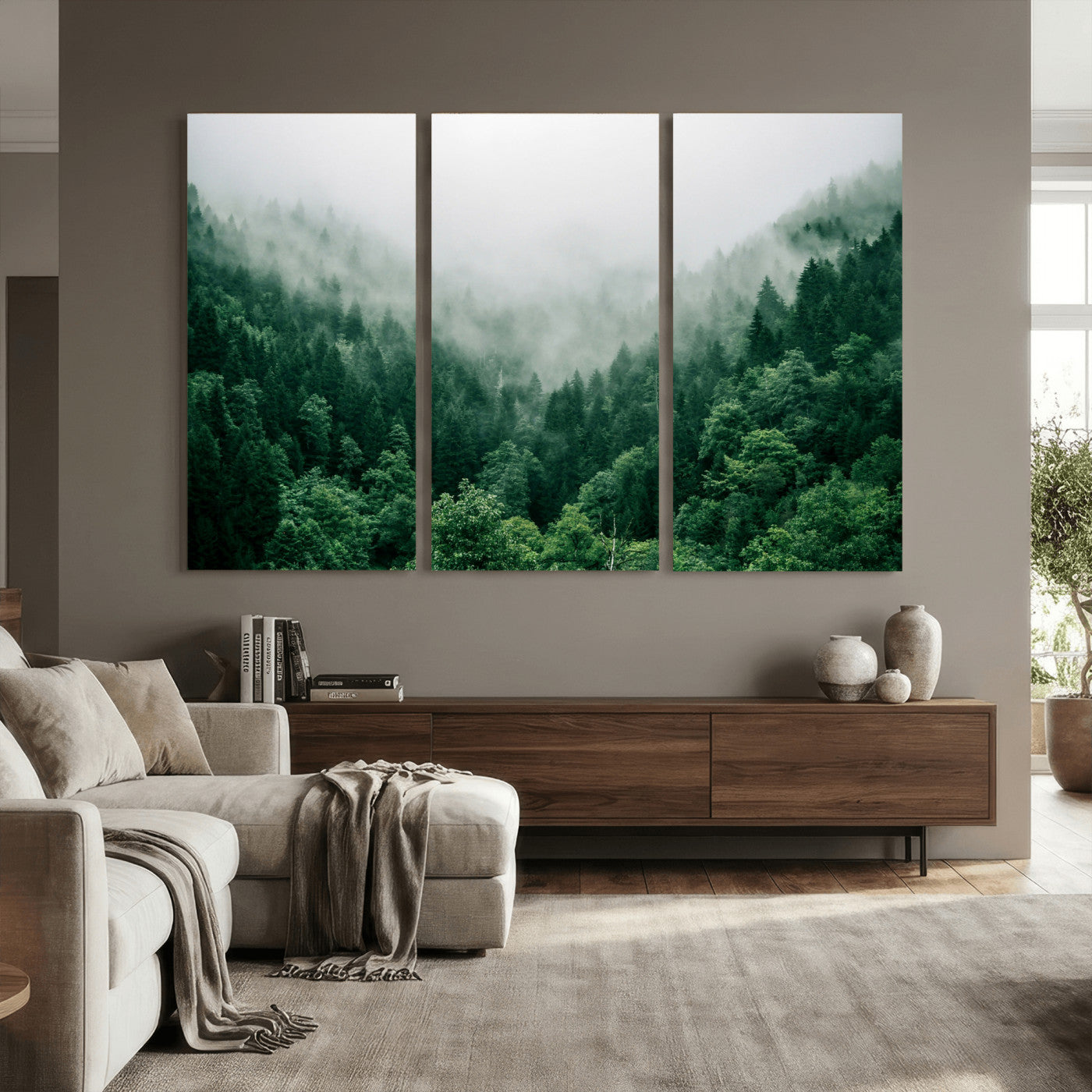 61640815-MGV-CV-36X24 - Misty Pine Forest Wall Art Canvas Print, Foggy Evergreen Landscape Wall Decor, Moody Green Nature Artwork, Minimal Forest Canvas Wall Art, Framed Canvas Wall Art Ready to Hang