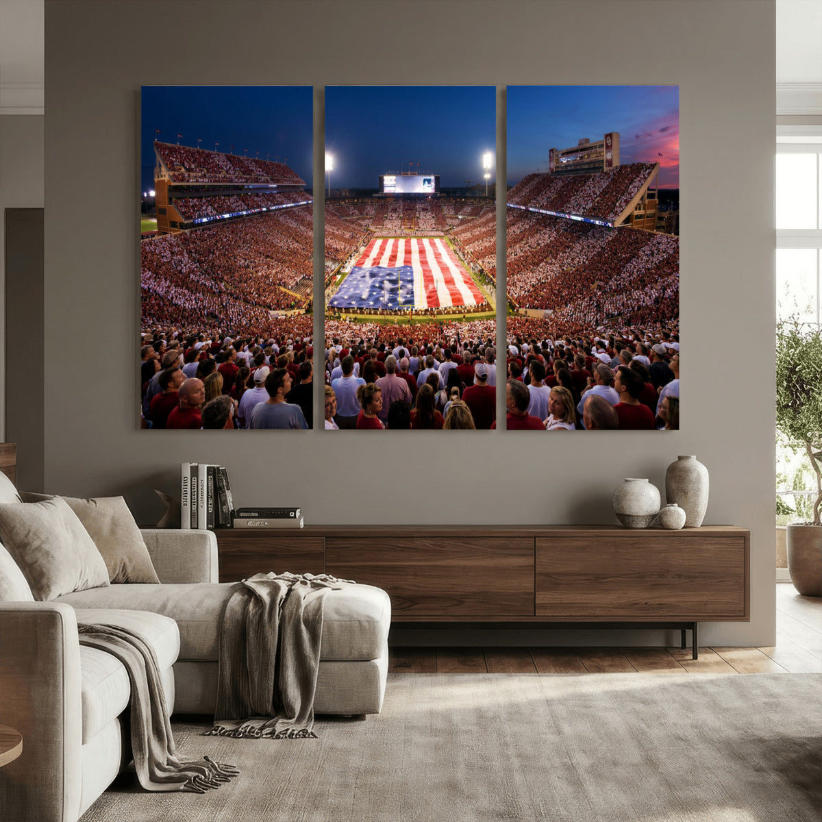 59917418-MGV-CV-36X24 - Oklahoma Memorial Stadium Wall Art Canvas Print – Oklahoma Sooners Football Artwork for Home, Office, and Sports Room Decor