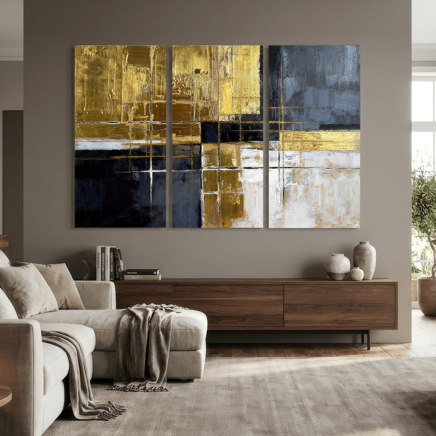76917030-MGV-CV-36X24 - Gold Navy Abstract Wall Art Canvas Print, Modern Luxury Geometric Painting Wall Decor for Living Room and Office