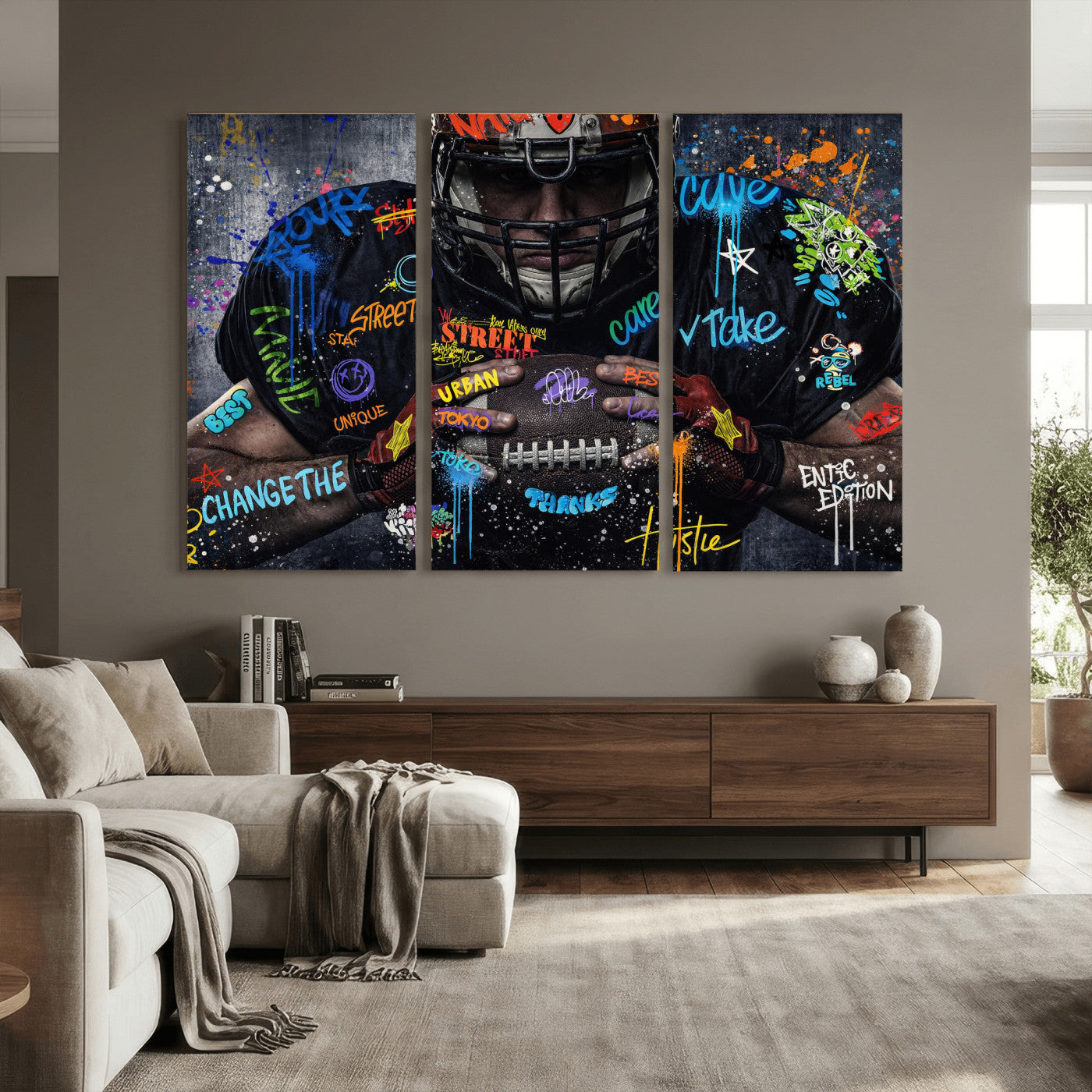 55267256-MGV-CV-36X24 - Graffiti American Football Player Street Art Wall Art Canvas Print, Urban Sports Pop Art Football Canvas Print, Modern Athletic Graffiti Contemporary Art Printing