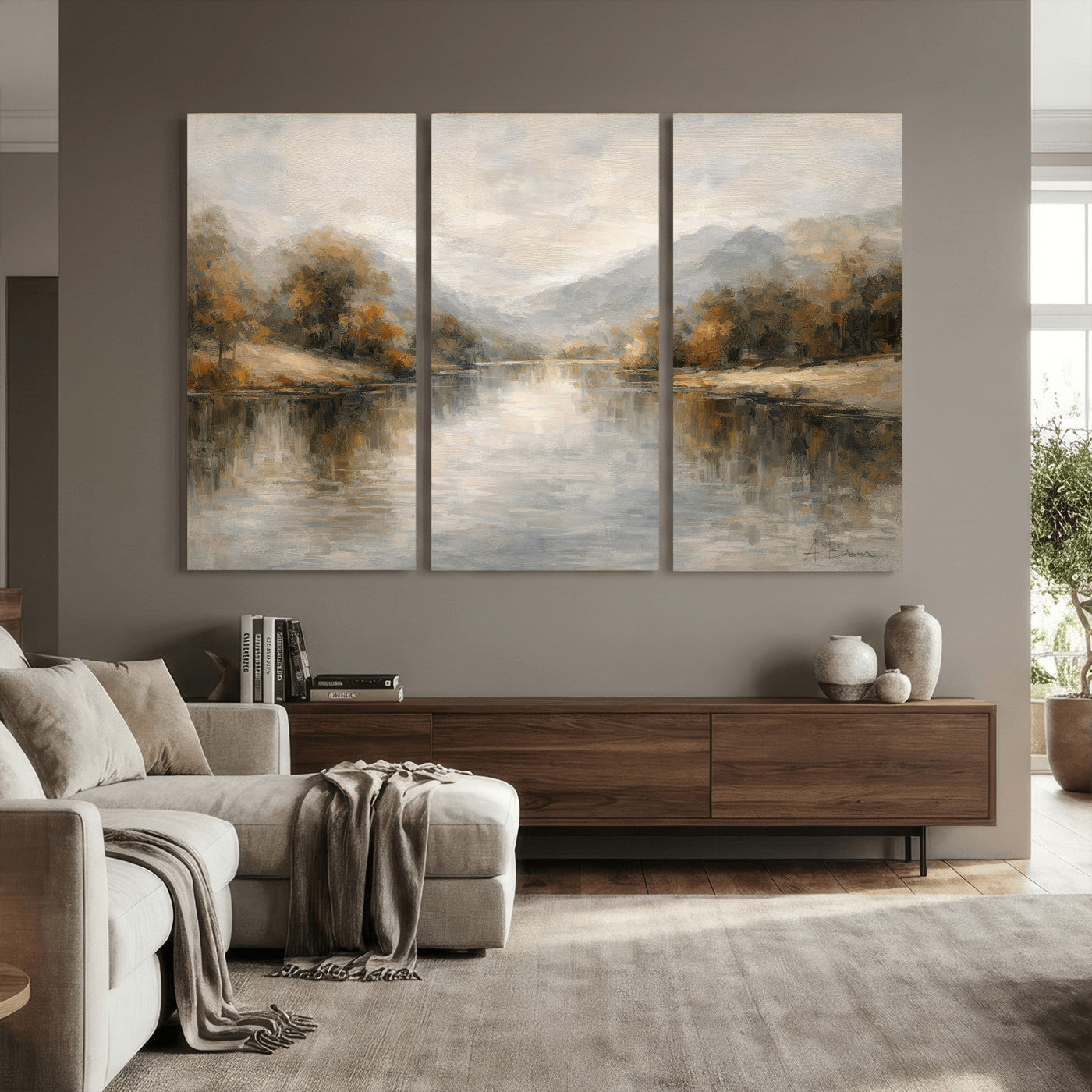 29251761-MGV-CV-36X24 - Neutral Abstract River Landscape Wall Art Canvas Print, Modern Minimal Nature Reflection Canvas Print, Beige Gray Contemporary Mountain Art Printing