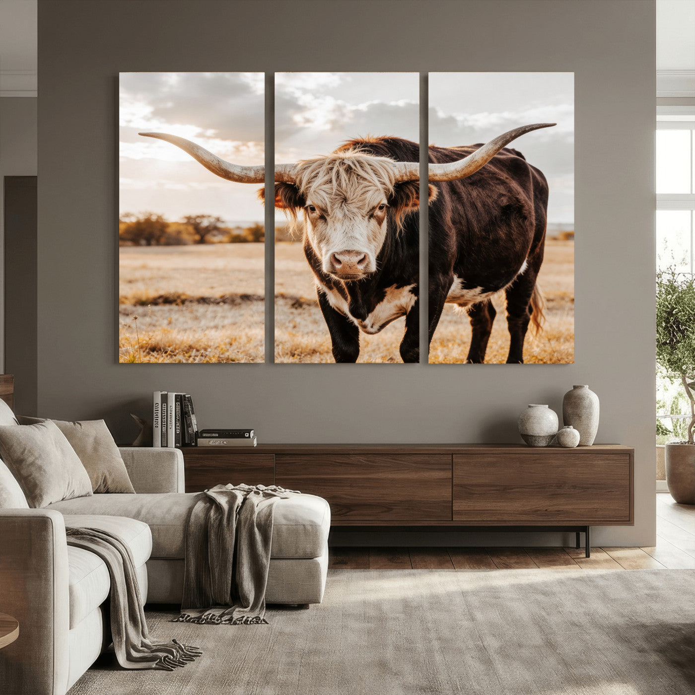 88230279-MGV-CV-36X24 - Texas Longhorn Bull Rustic Wall Art Canvas Print, Western Cattle Photography Canvas Print, Ranch Farm Animal Western Art Printing
