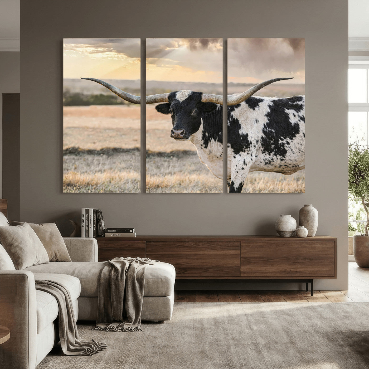 49350433-MGV-CV-36X24 - Texas Longhorn Bull Rustic Wall Art Canvas Print, Western Cattle Photography Canvas Print, Ranch Farm Animal Western Art Printing