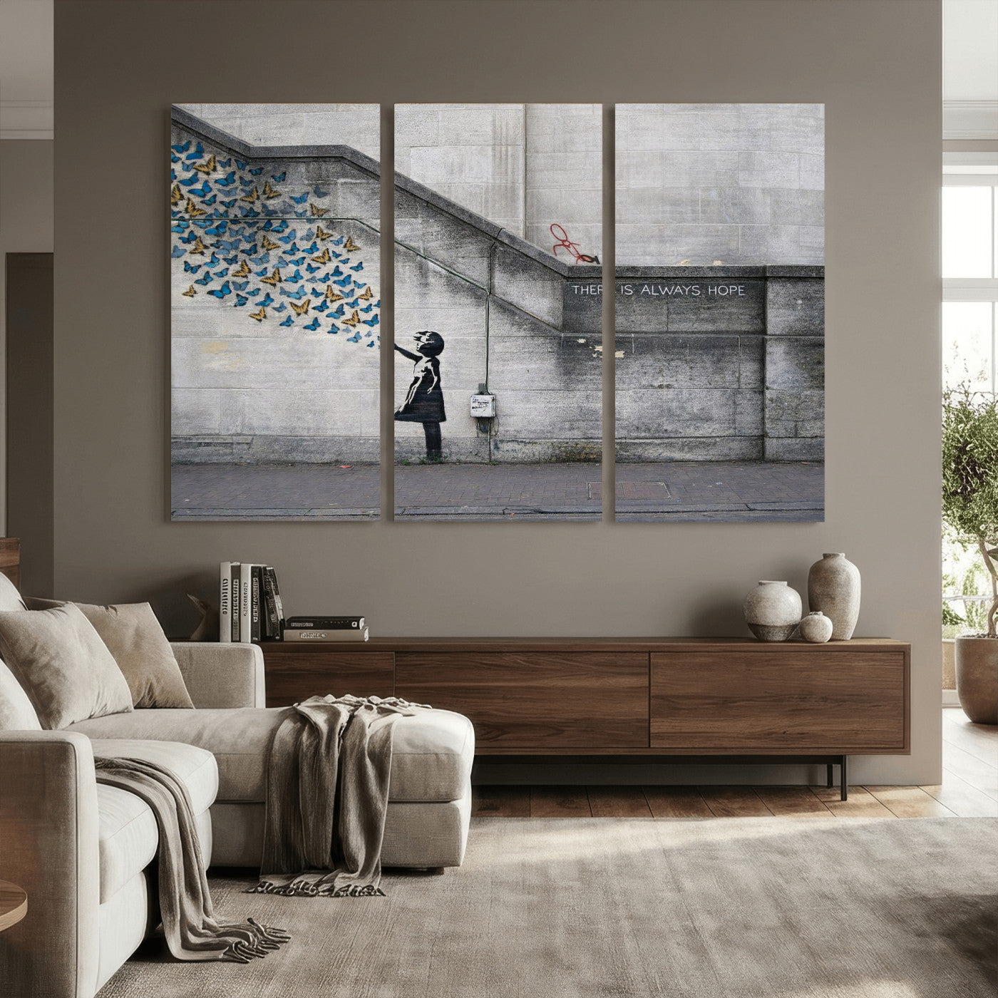15274223-MGV-CV-36X24 - Banksy Girl with Butterflies Street Art Wall Art Canvas Print, Hope Graffiti Urban Art Canvas Print, Minimalist Inspirational Street Art Contemporary Art Printing