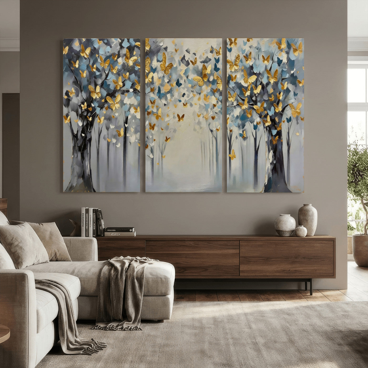 79208191-MGV-CV-36X24 - Golden Butterfly Tree Abstract Wall Art Canvas Print, Modern Elegant Nature Painting Canvas Print, Blue Gold Contemporary Floral Art Printing
