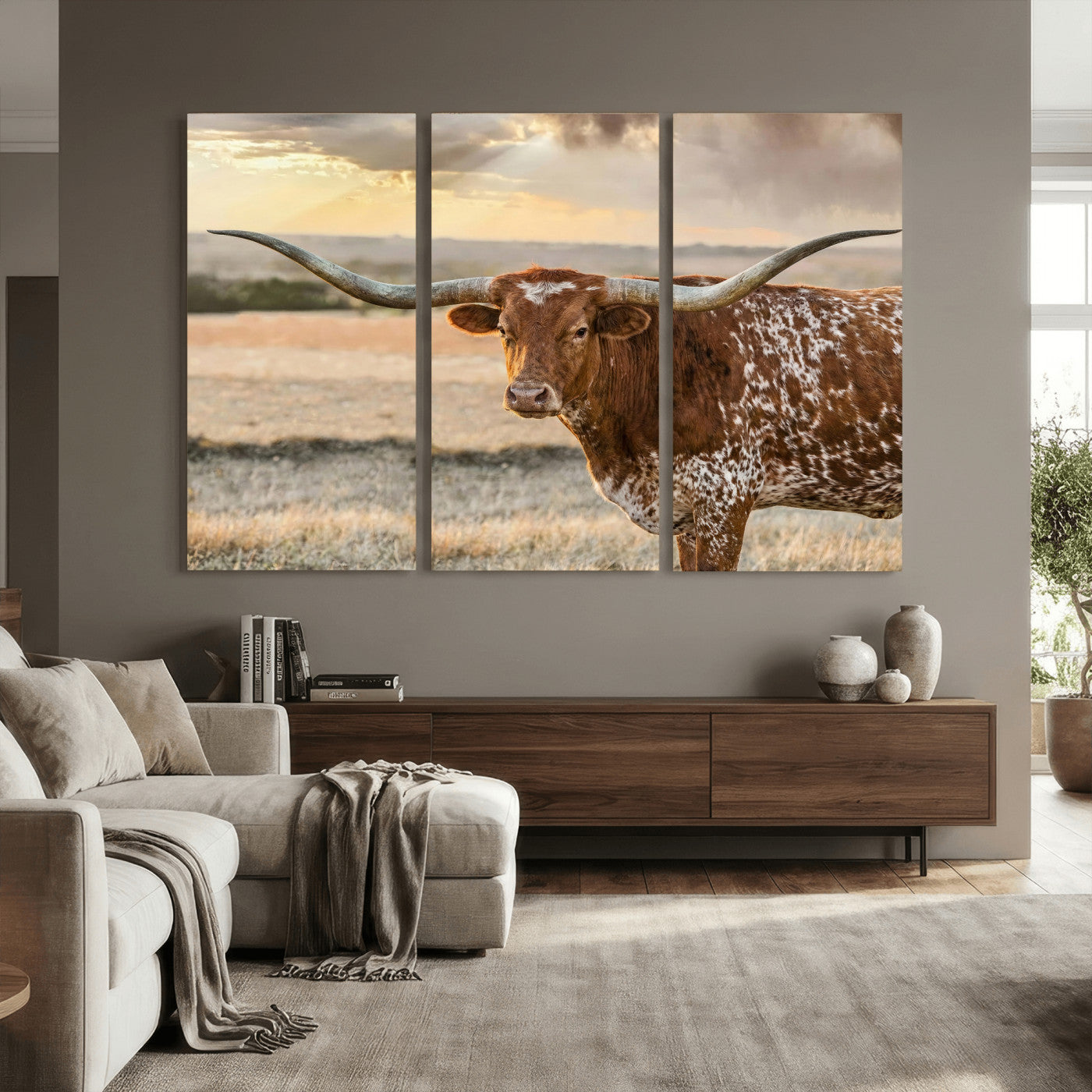16502384-MGV-CV-36X24 - Texas Longhorn Wall Art Canvas Print, Western Ranch Bull Photography Canvas Print, Rustic Farmhouse Cattle Artwork for Living Room Decor