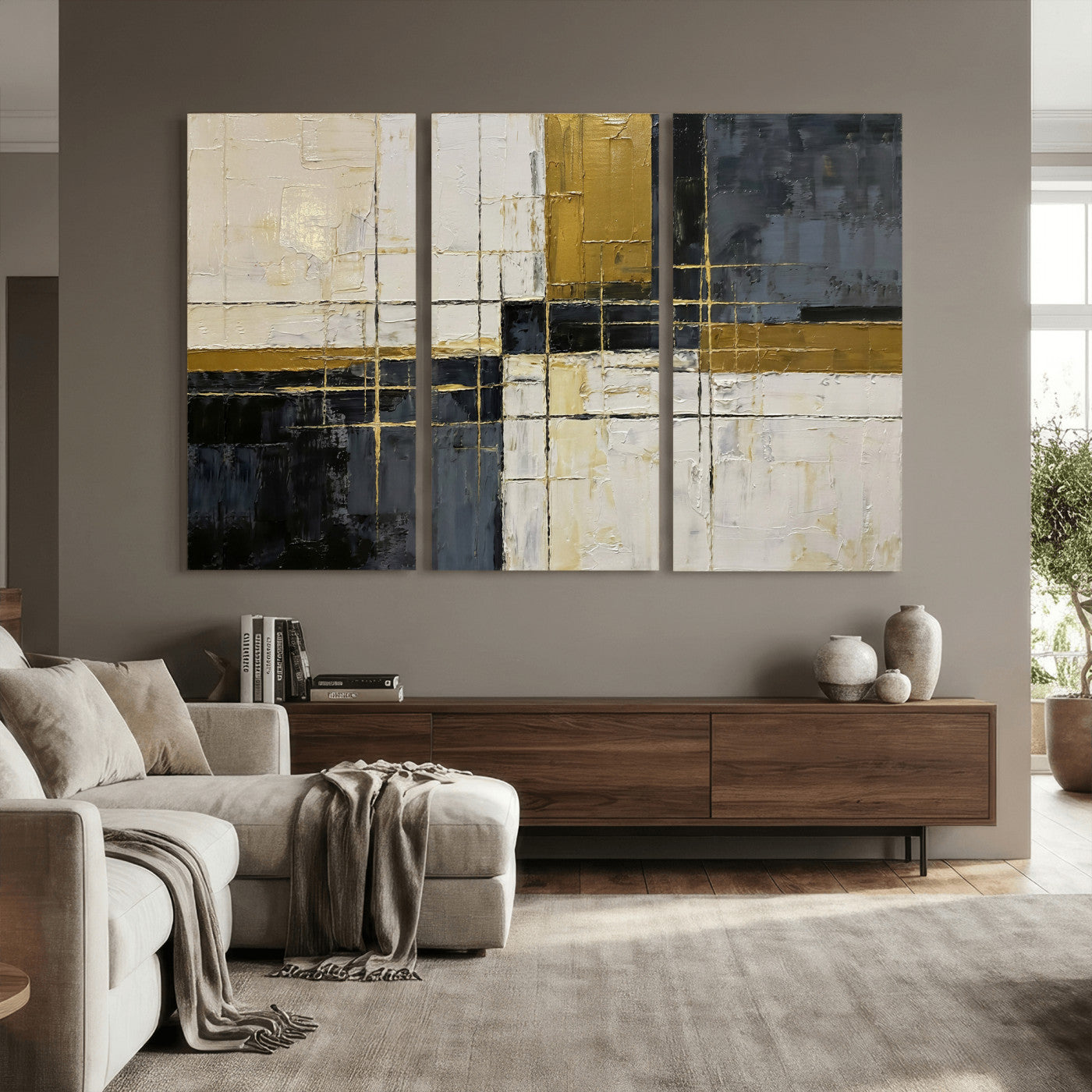 36097945-MGV-CV-36X24 - Abstract Gold and Black Wall Art Canvas Print – Modern Geometric Neutral Artwork for Living Room Decor