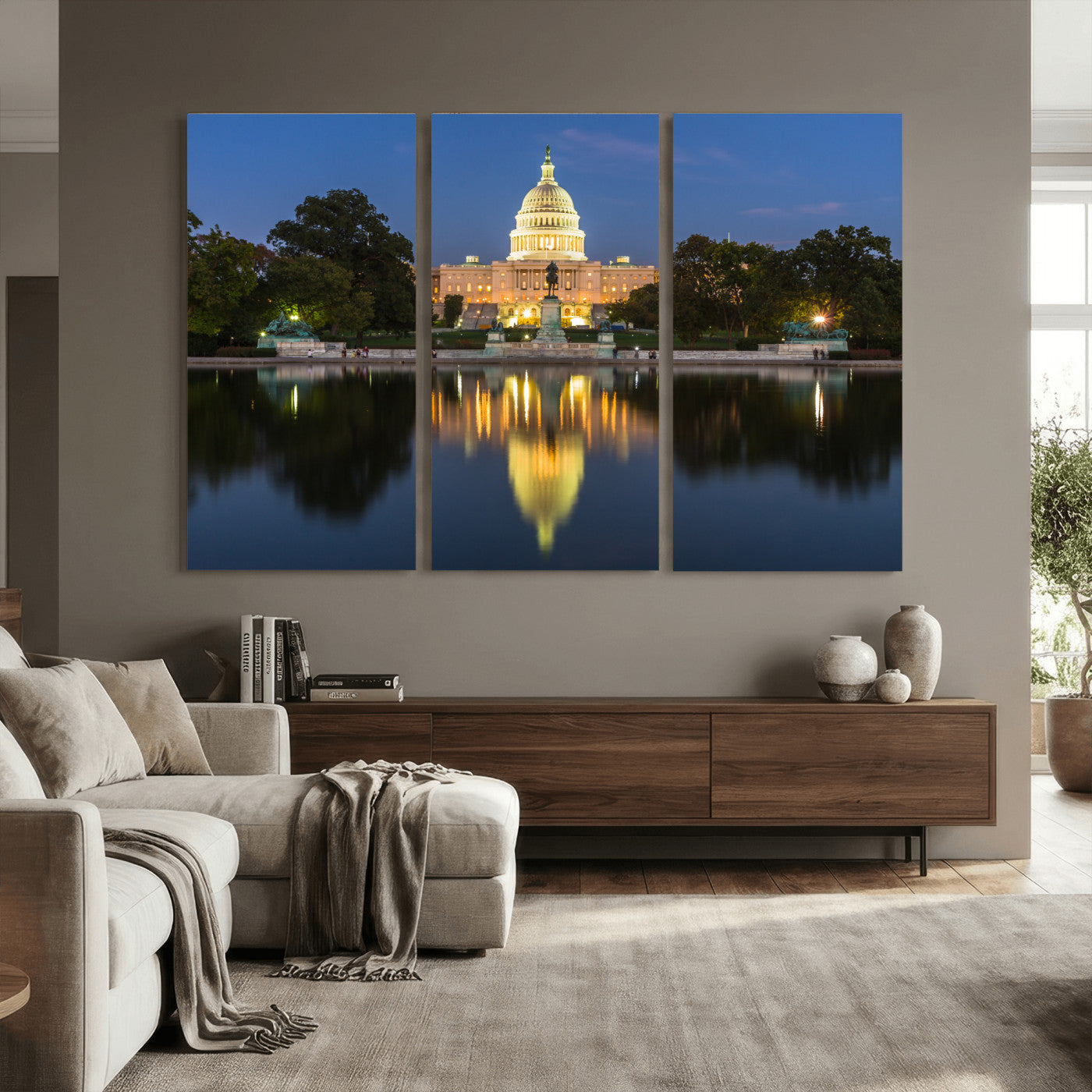 95568590-MGV-CV-36X24 - US Capitol Building Wall Art Canvas Print – Washington DC Landmark Night Reflection Artwork for Office Decor