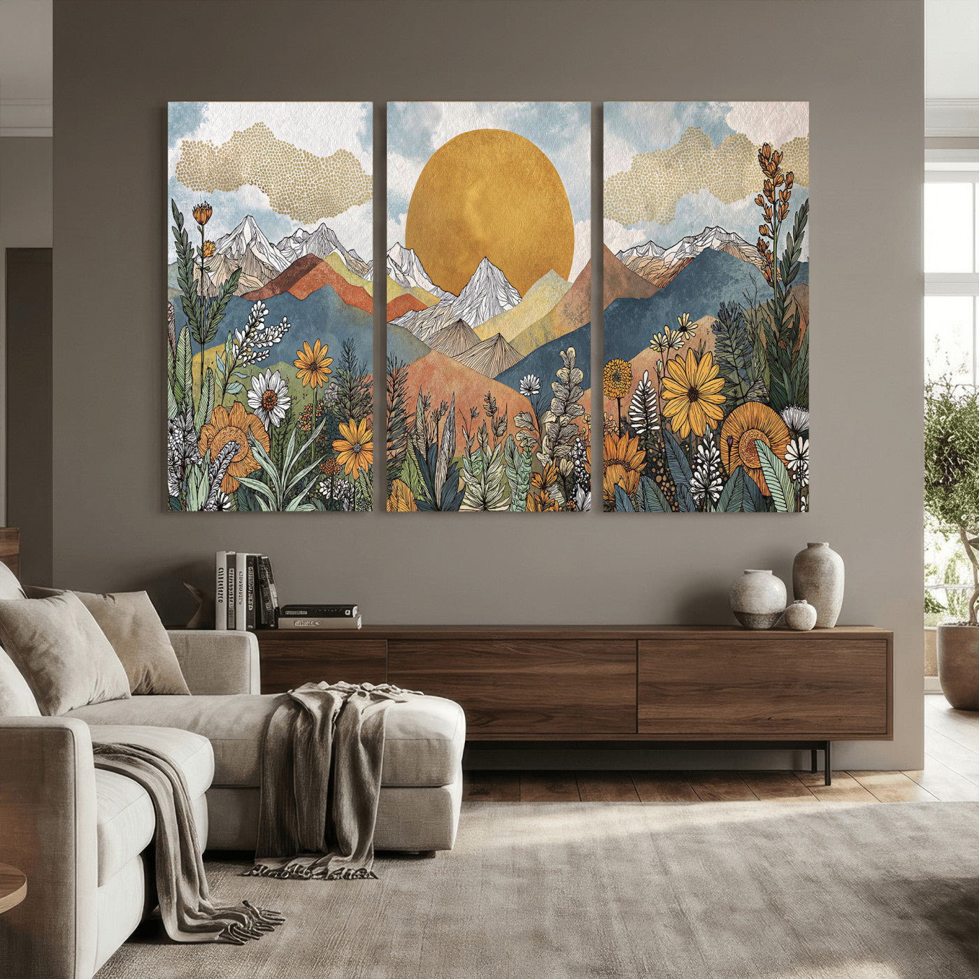 17540863-MGV-CV-36X24 - Boho Mountain Landscape Large Wall Art, Horizontal Gold Framed Canvas Print with Sun and Flowers