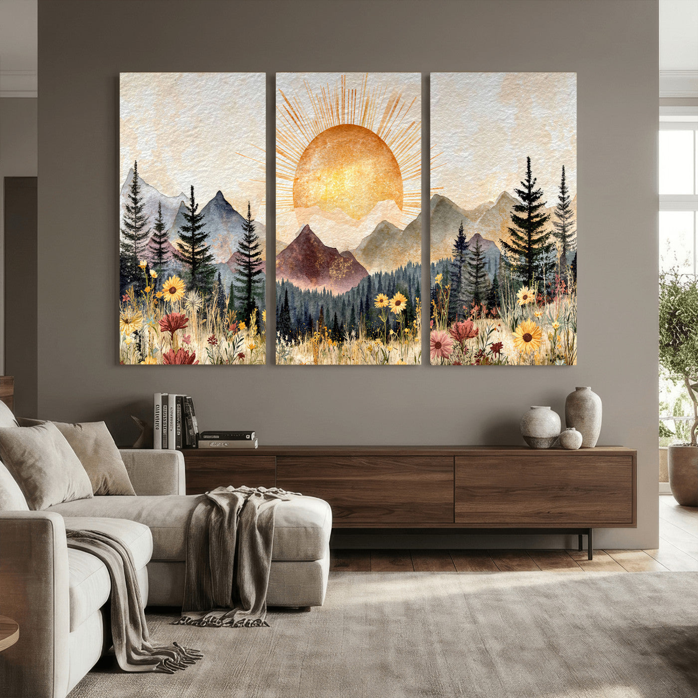 69025244-MGV-CV-36X24 - Boho Mountain Landscape Large Wall Art, Horizontal Gold Framed Canvas Print with Sun and Flowers