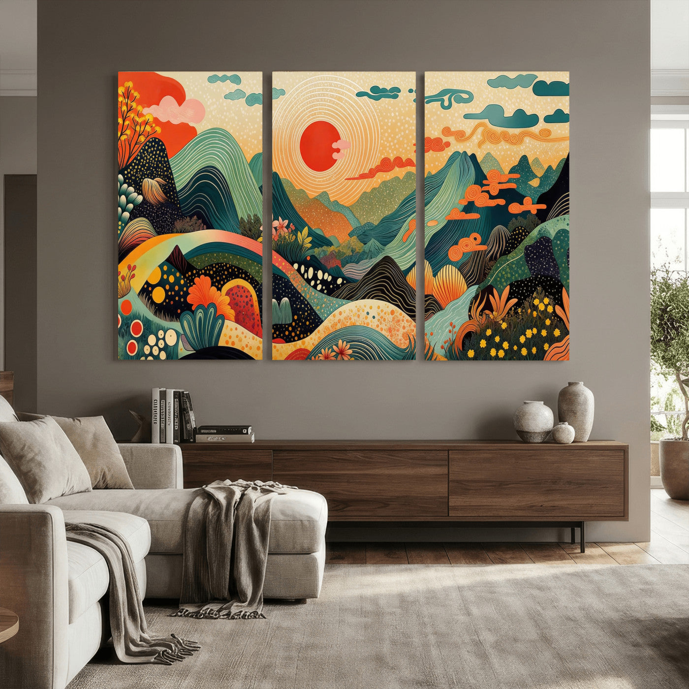 29927191-MGV-CV-36X24 - Yayoi Kusama Boho Mountain Landscape Large Wall Art, Horizontal Gold Framed Canvas Print with Sun and Flowers