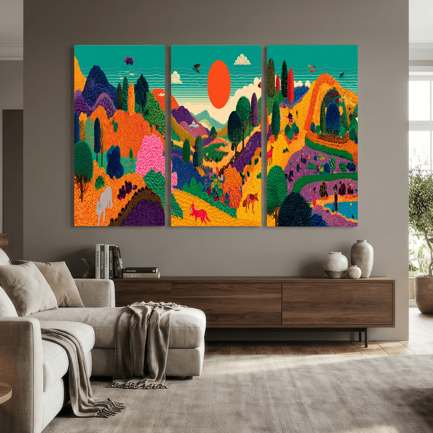 45710397-MGV-CV-48X32-3P - Colorful Japanese Landscape Print: Maximalist Panoramic Wall Art