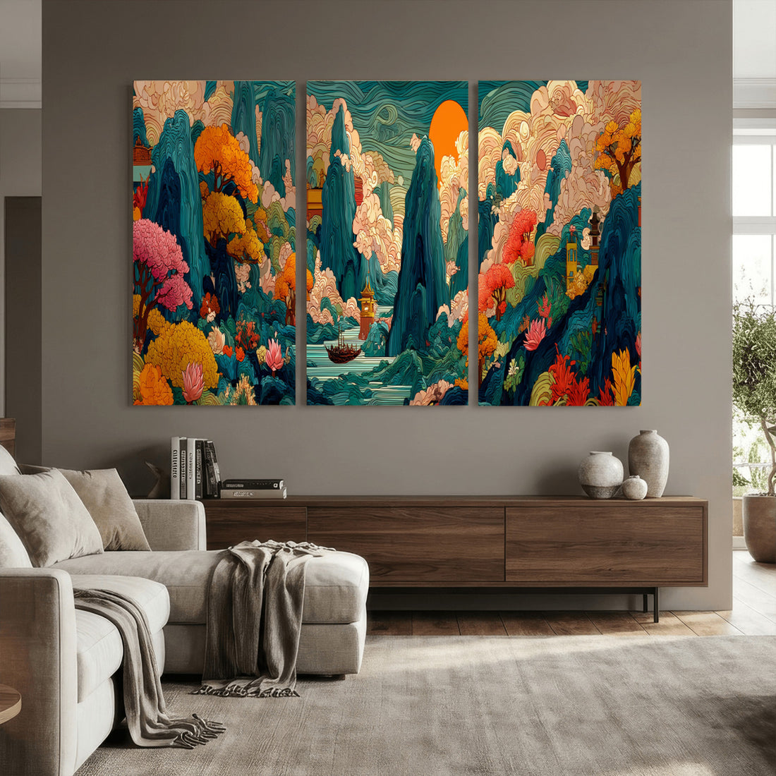 Colorful Japanese Landscape Print: Maximalist Panoramic Wall Art