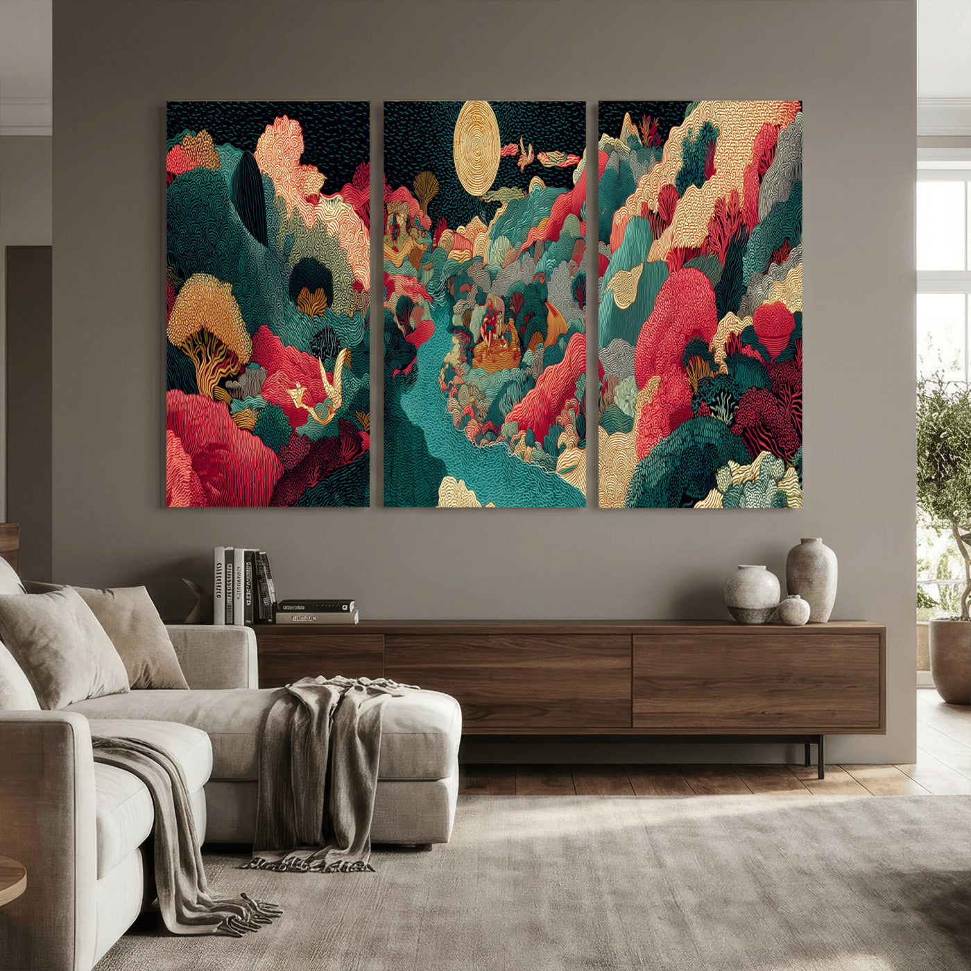 36816259-MGV-CV-48X32-3P - Colorful Japanese Landscape Print: Maximalist Panoramic Wall Art
