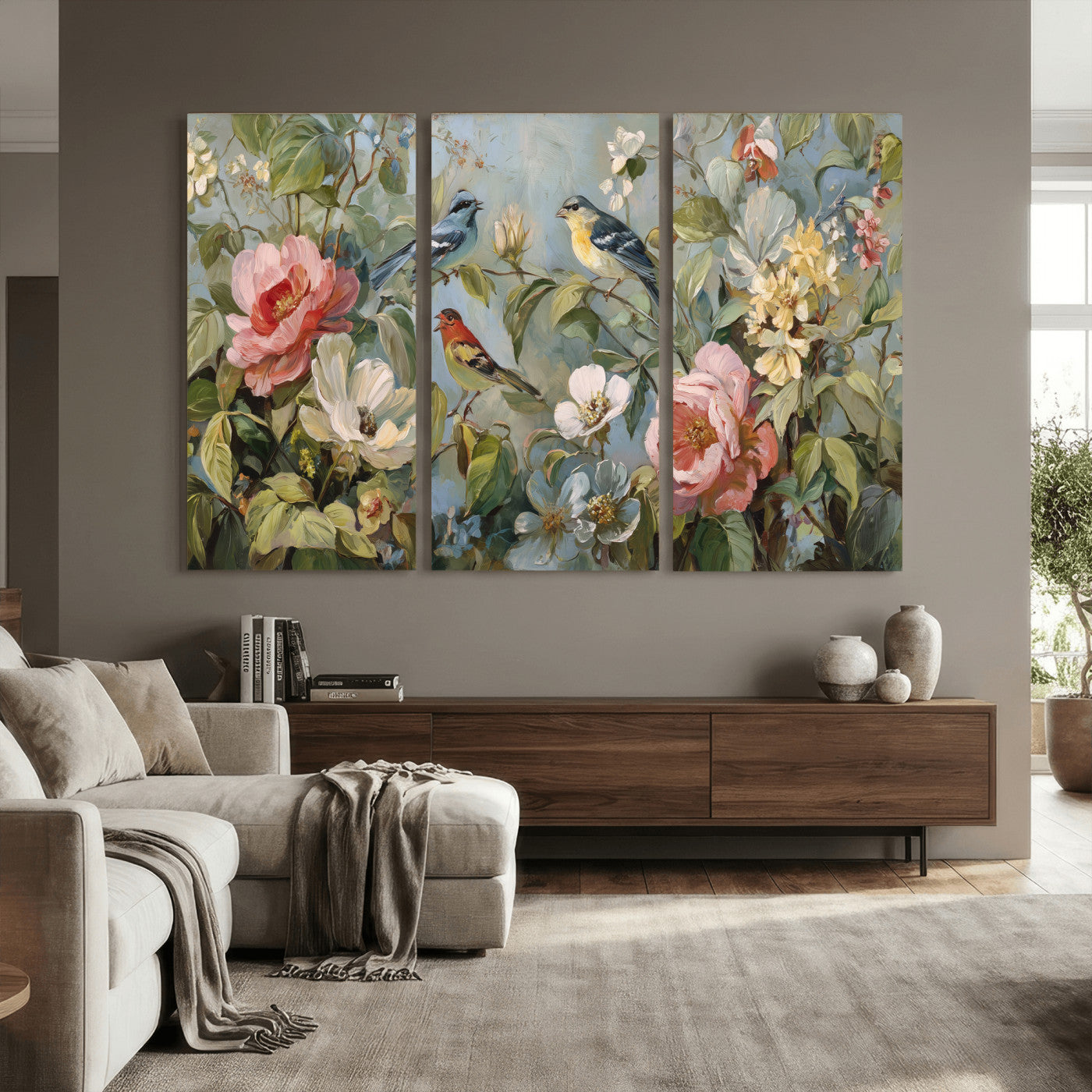 55440837-MGV-CV-36X24 - Vintage Birds and Flowers Wall Art Canvas Print, Botanical Bird Painting Canvas Print, Floral Garden Bird Artwork Canvas Print, Classic Bird Flower Painting Canvas Print