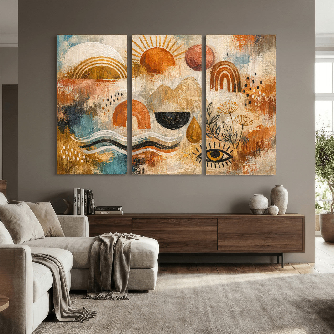 52155239-MGV-CV-36X24 - Geometric Boho Abstract Wall Art Canvas Print, Orange Blue Abstract Expressionist Painting Print, Modern Geometric Abstract Canvas Art