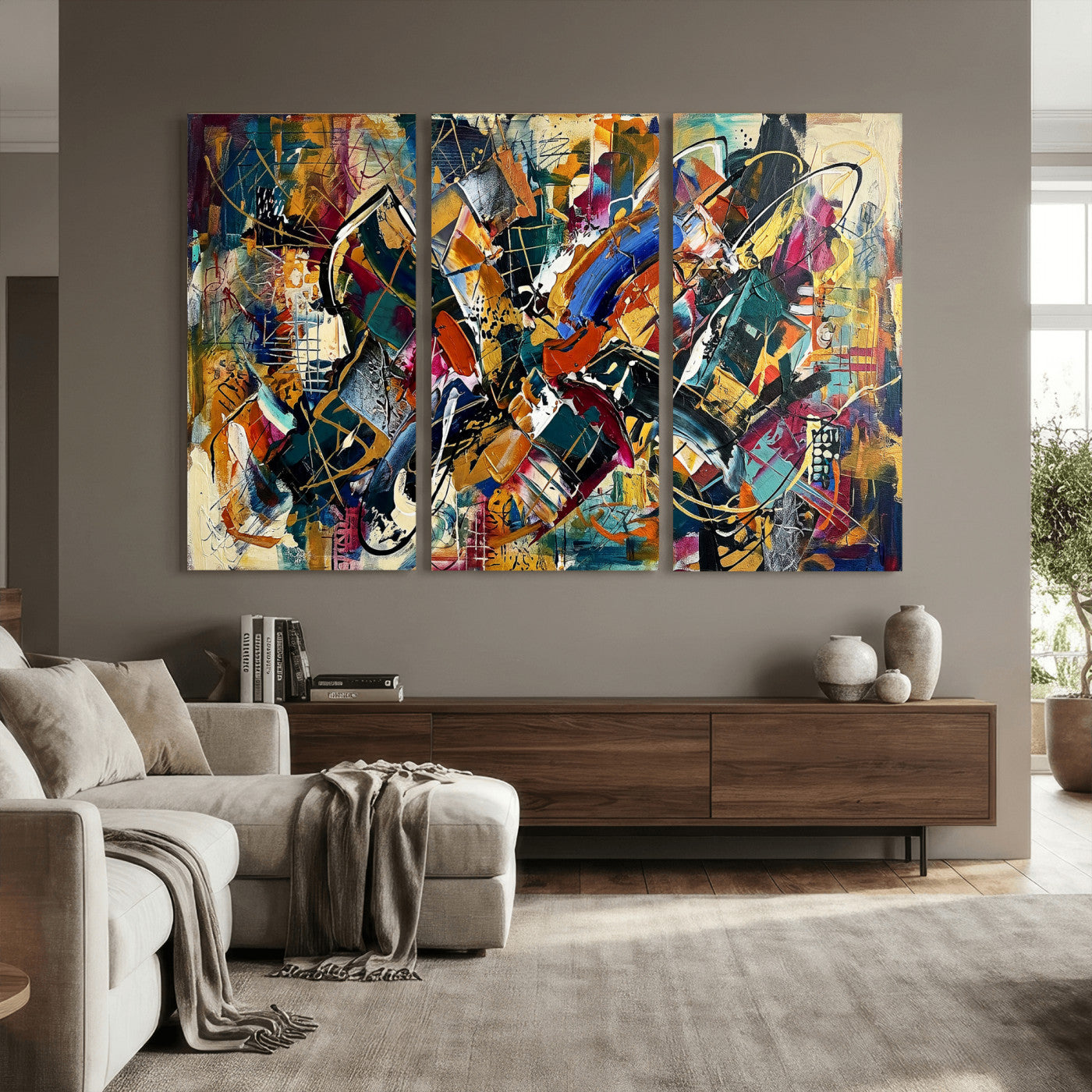 15525527-MGV-CV-36X24 - Geometric Abstract Wall Art Canvas Print, Orange Blue Abstract Expressionist Painting Print, Modern Geometric Abstract Canvas Art