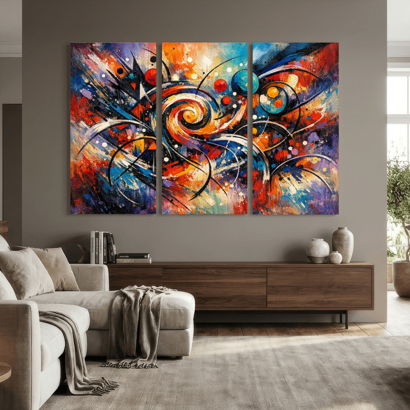 60193267-MGV-CV-36X24 - Geometric Abstract Wall Art Canvas Print, Orange Blue Abstract Expressionist Painting Print, Modern Geometric Abstract Canvas Art